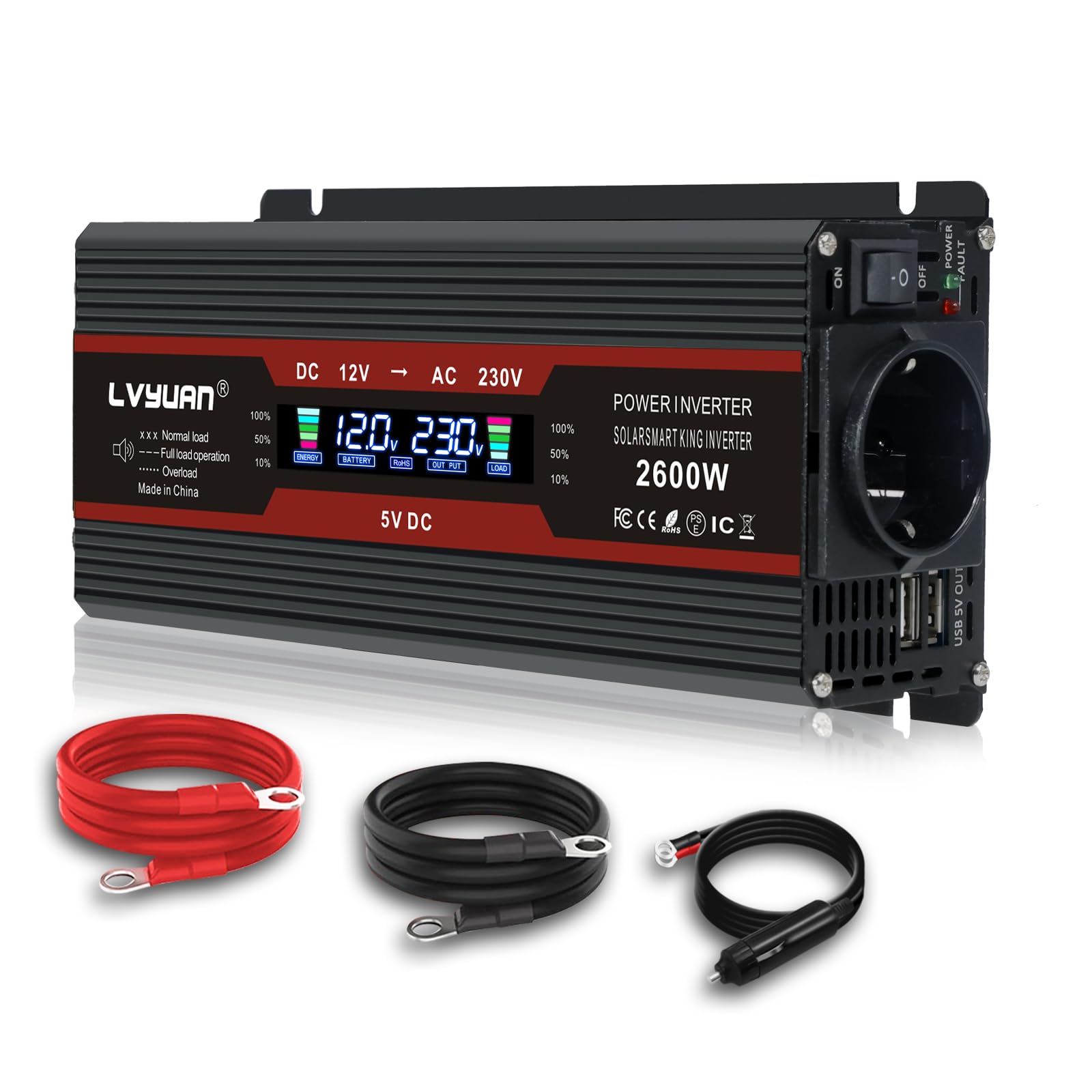 LVYUAN Convertisseur 12V 220V 1300W/ 2600W DC à AC Transformateur Onduleur Inverter avec 2 Ports USB