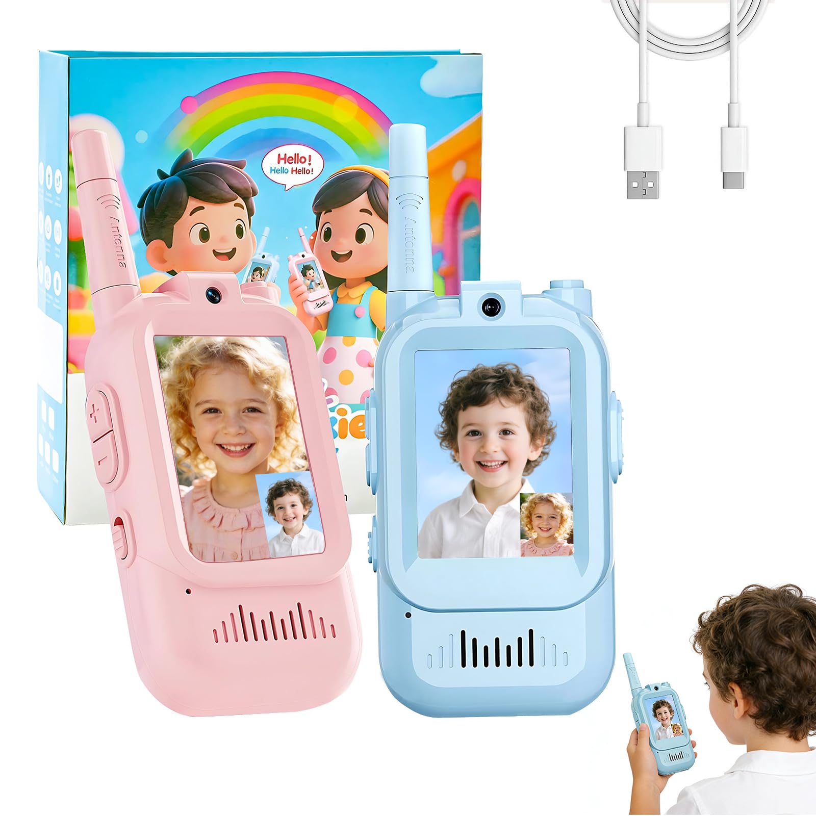 Video Walkie Talkies for Kids, 2 Pack Handheld Rechargeable Walkie Talkies-Christmas Birthday Gifts for Kid Age 3-12, Toddler Indoor Outdoor Toys-