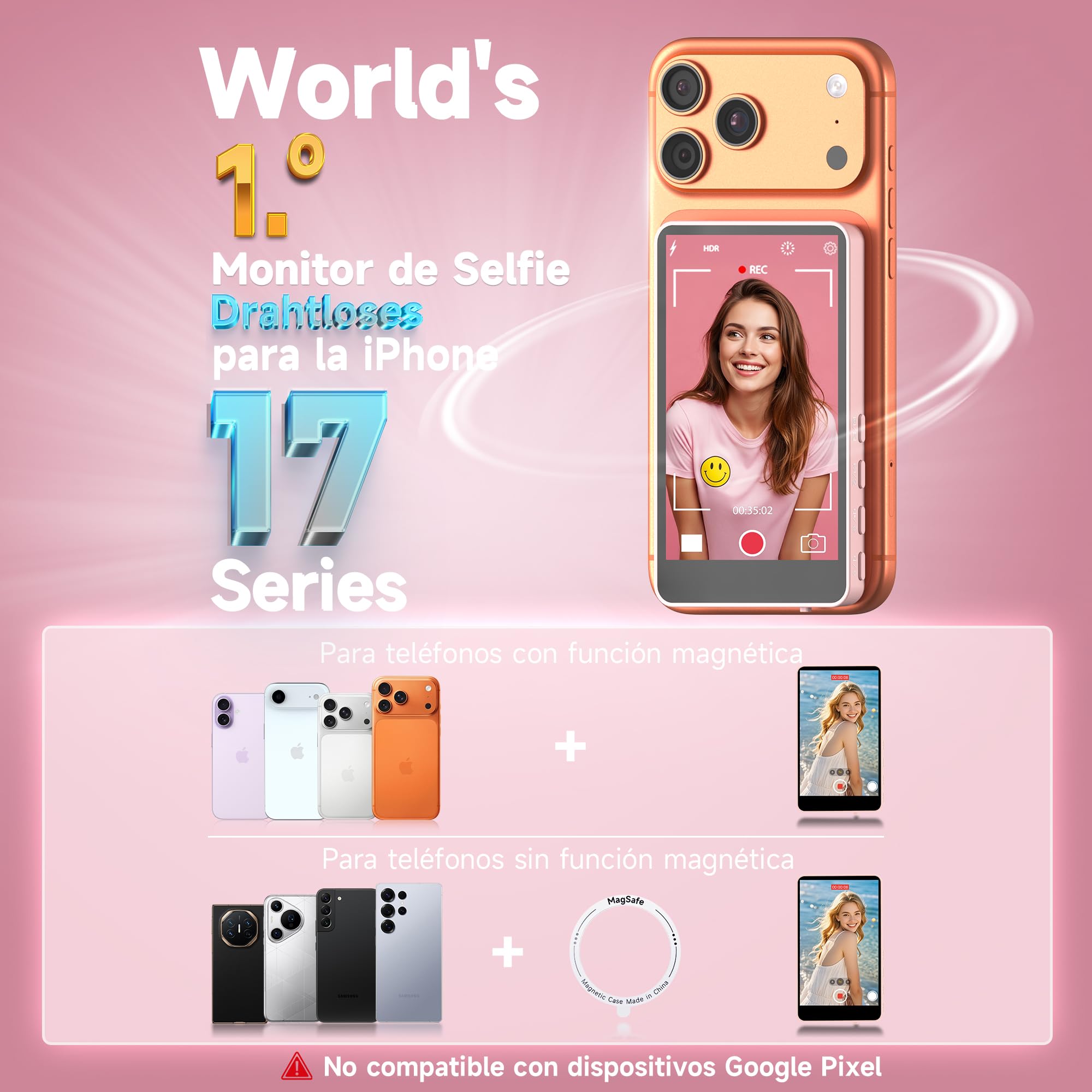 SYNCO XView Monitor selfie portátil para iPhone 17, pantalla de 10,1 cm (3,97") magnética para smartphone, para la cámara trasera de Android, inalámbrico, 50M, con altavoz para TikTok, YouTube