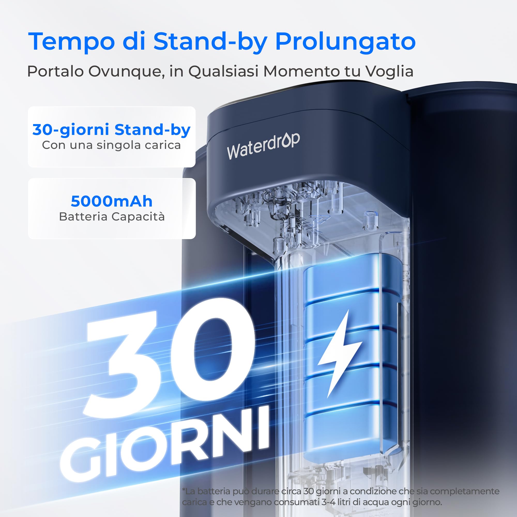 Waterdrop Caraffa filtrante elettrica istantanea con filtro per 3 mesi, sistema di filtraggio dell'acqua da banco da 3,5 l, riduce cloro, piombo, mercurio, riduce PFAS, PFOA/PFOS, 757 litri, blu (non