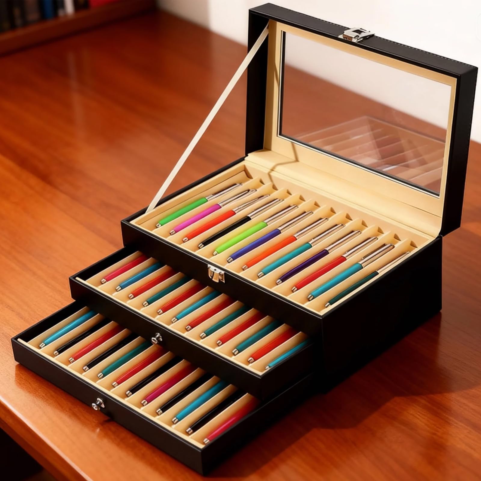 Espositore per penna stilografica, 36 scomparti a 3 strati, 30 x 20 x 13 cm, scatola in pelle PU con parte superiore in vetro, per conservazione, regalo, esposizione