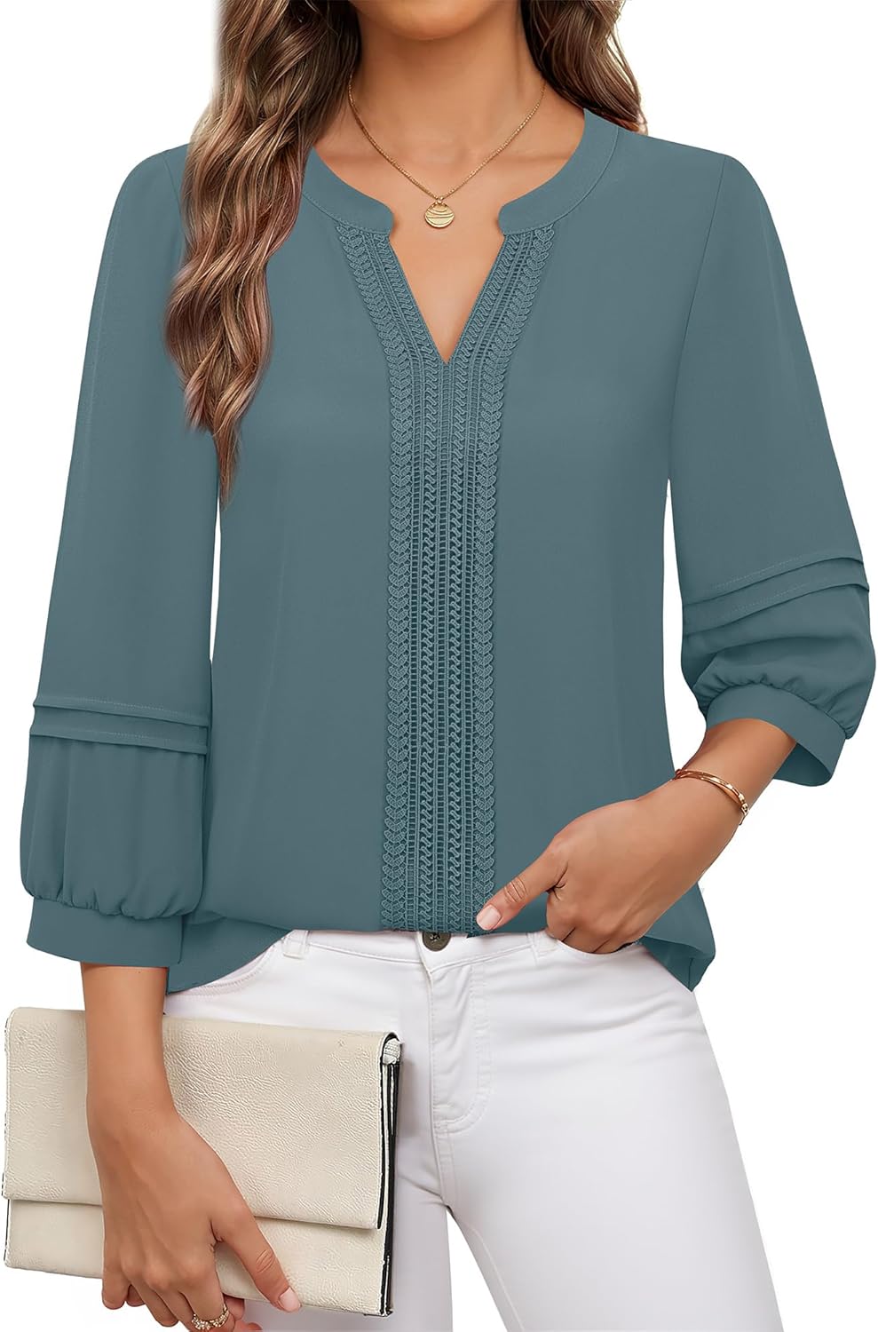 Unixseque Womens Casual Blouses 3/4 Sleeve V Neck Business Tops Ladies Trendy Office Work Shirts - Image 2