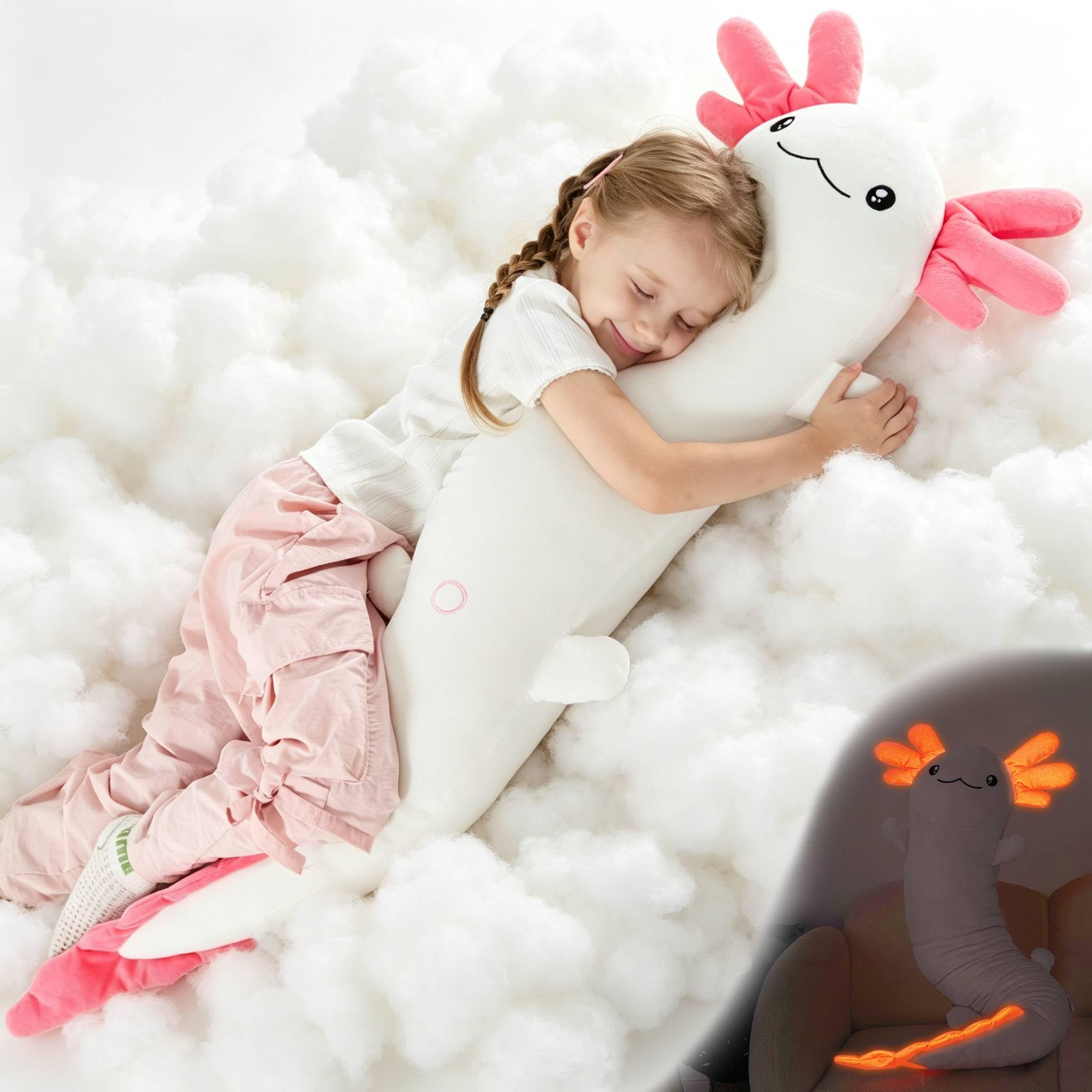 MaoGoLan Riesiges Axolotl Plüschkissen, großes Axolotl-Plüsch-Spielzeug für Kinder, Mädchen, Jungen, Jumbo-gefülltes Salamander-Körperkissen, leuchtet im Dunkeln, Geburtstagsgeschenk, Babyparty