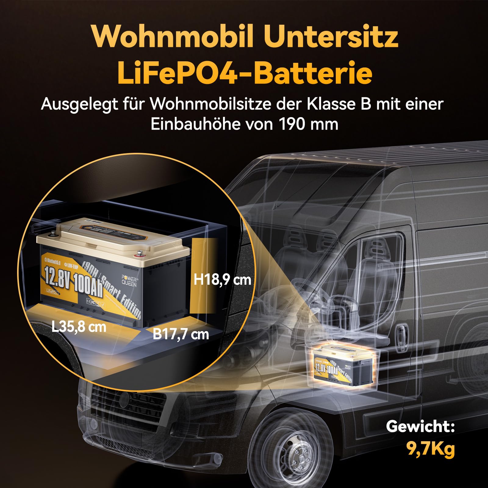 Power Queen LiFePO4 bateria litowa 12V 100Ah Bluetooth H190, DIN H8 L5, bateria głębokocyklowa 1280Wh z systemem BMS 100A i ochroną przed niskimi temperaturami, idealna do kamperów, kempingu, przyczep