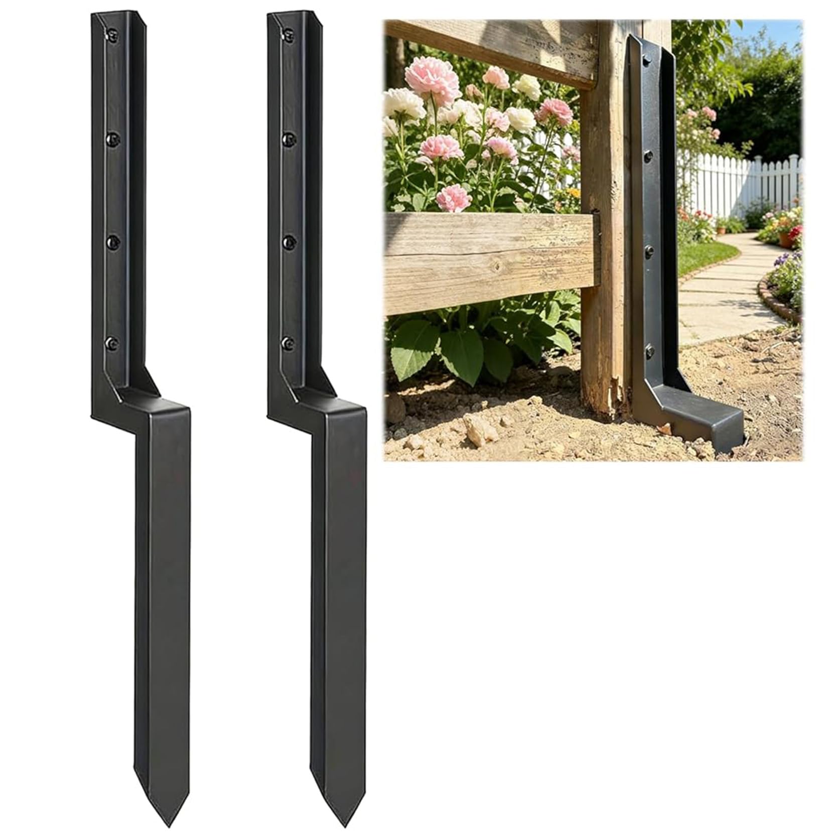 GOUZIBHD 2 Pack Fence Post Repair Stakes Heavy Duty Fence Post Anchor One-Piece Ground Spike for Repairing Tilted Broken Wooden Fence,No Dig Post Stake Ground