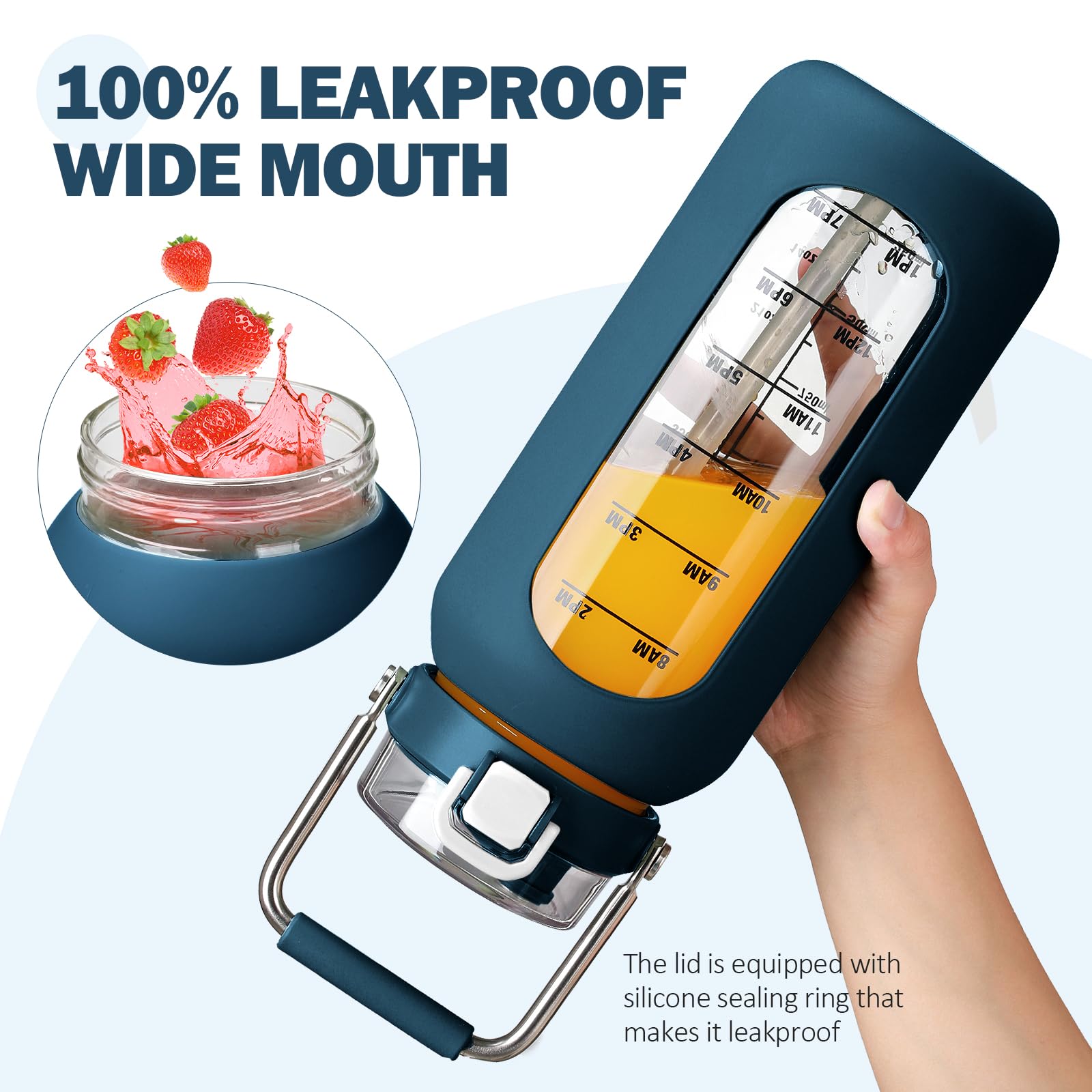 BLUEGO 2L Bottiglia d'acqua in vetro con manico in acciaio inox, manicotto in silicone e cannuccia per palestra, ufficio e sport all'aperto, senza BPA, Blu scuro