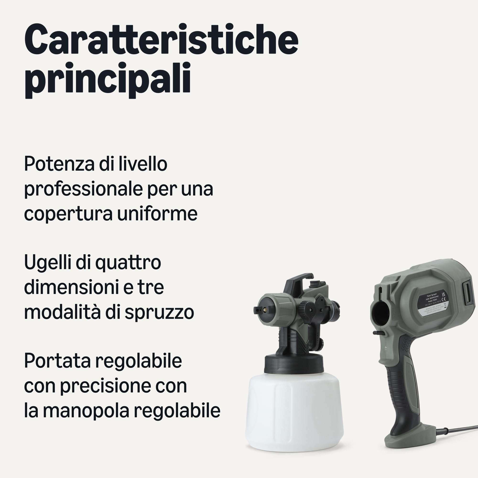 Amazon Basics Pistola a Spruzzo Elettrica 700W con Serbatoio da 1.200ml, 4 Ugelli e 3 Modalità di Spruzzo, per Interni ed Esterni, Grigia