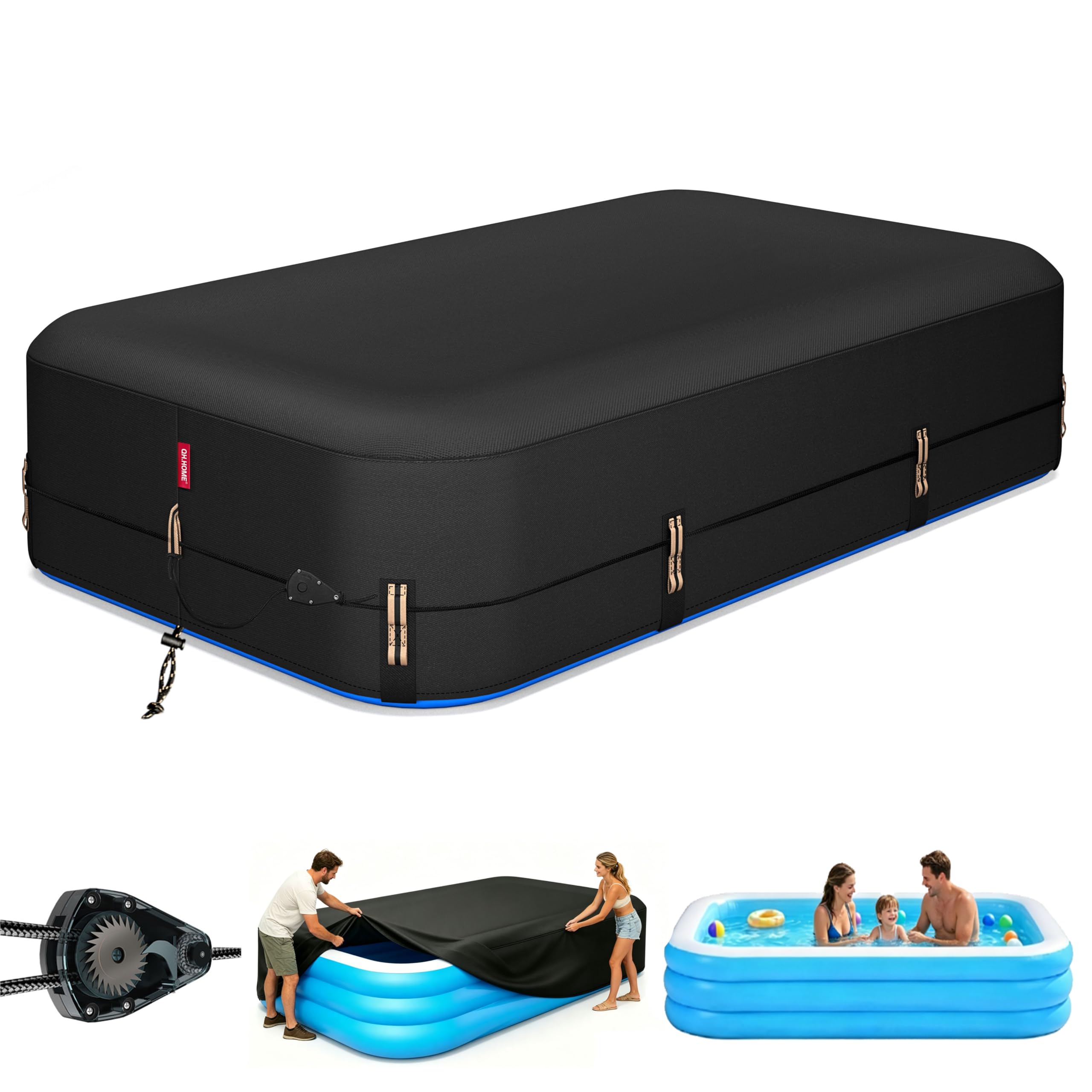 QH.HOME 90"x60" Rectangular Pool Cover for Inflatable Pool,Black Oxford Fabric Heats Water, Blocks Leaves & Sun, Windproof Snug Fit with Patented Ratchet & Weight Rings