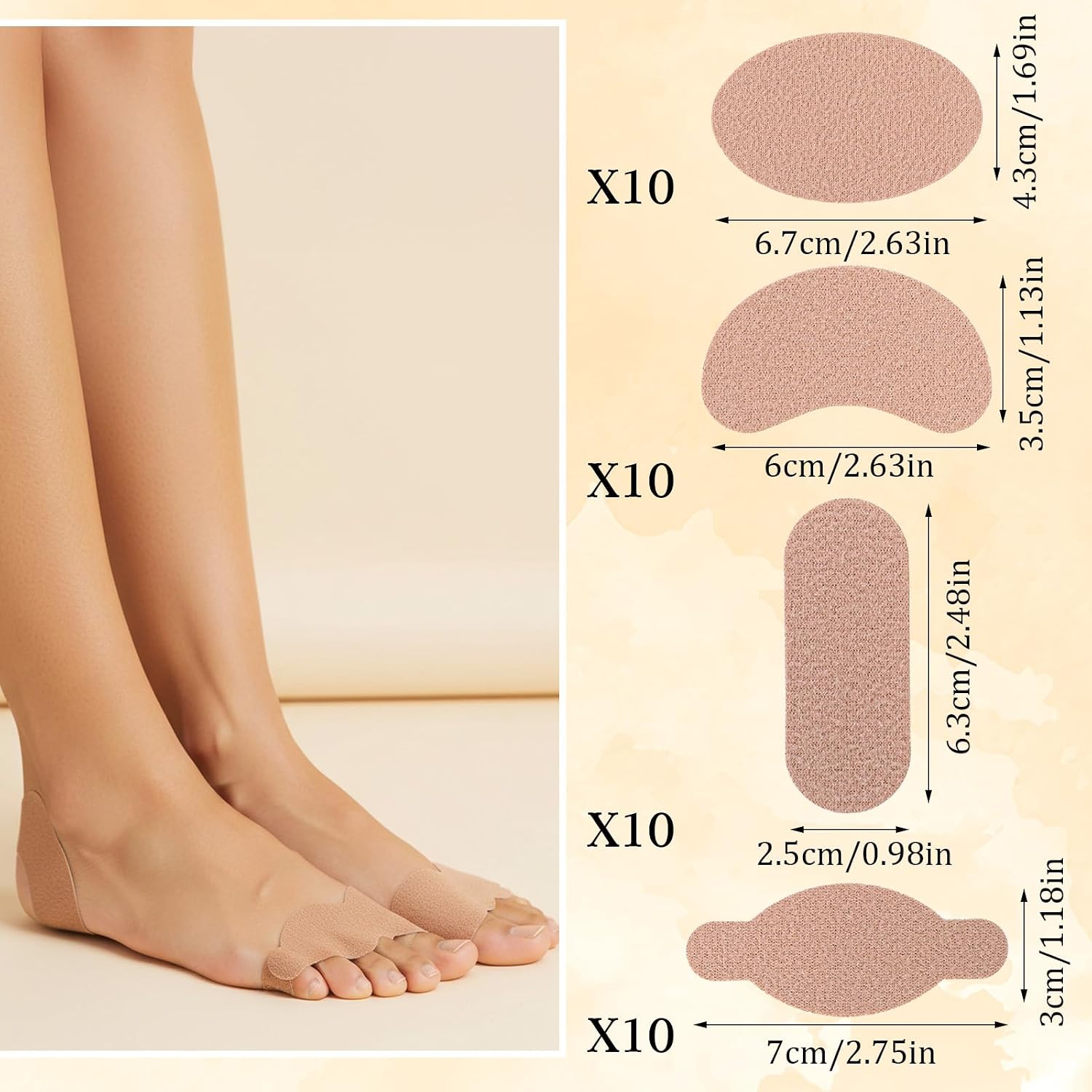 Moleskin Strips with Adhesive 40 Sheets 4 Shapes, Blister Prevention Pads for Feet & Heel, Cushioning Mole Skin Tape for Shoes, Pain Relief Padding for Rubbing Spots