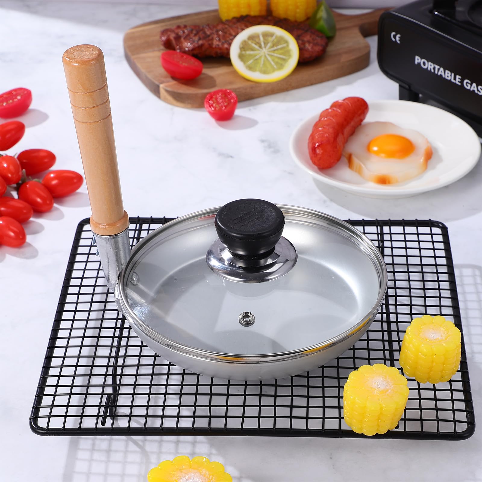 NUOBESTY Padella Tamagoyaki Giapponese Argento in Acciaio Inossidabile | Manico Verticale in Legno, Formato Compatto, per Piano a Gas, Uso Casa e Cucina Professionale