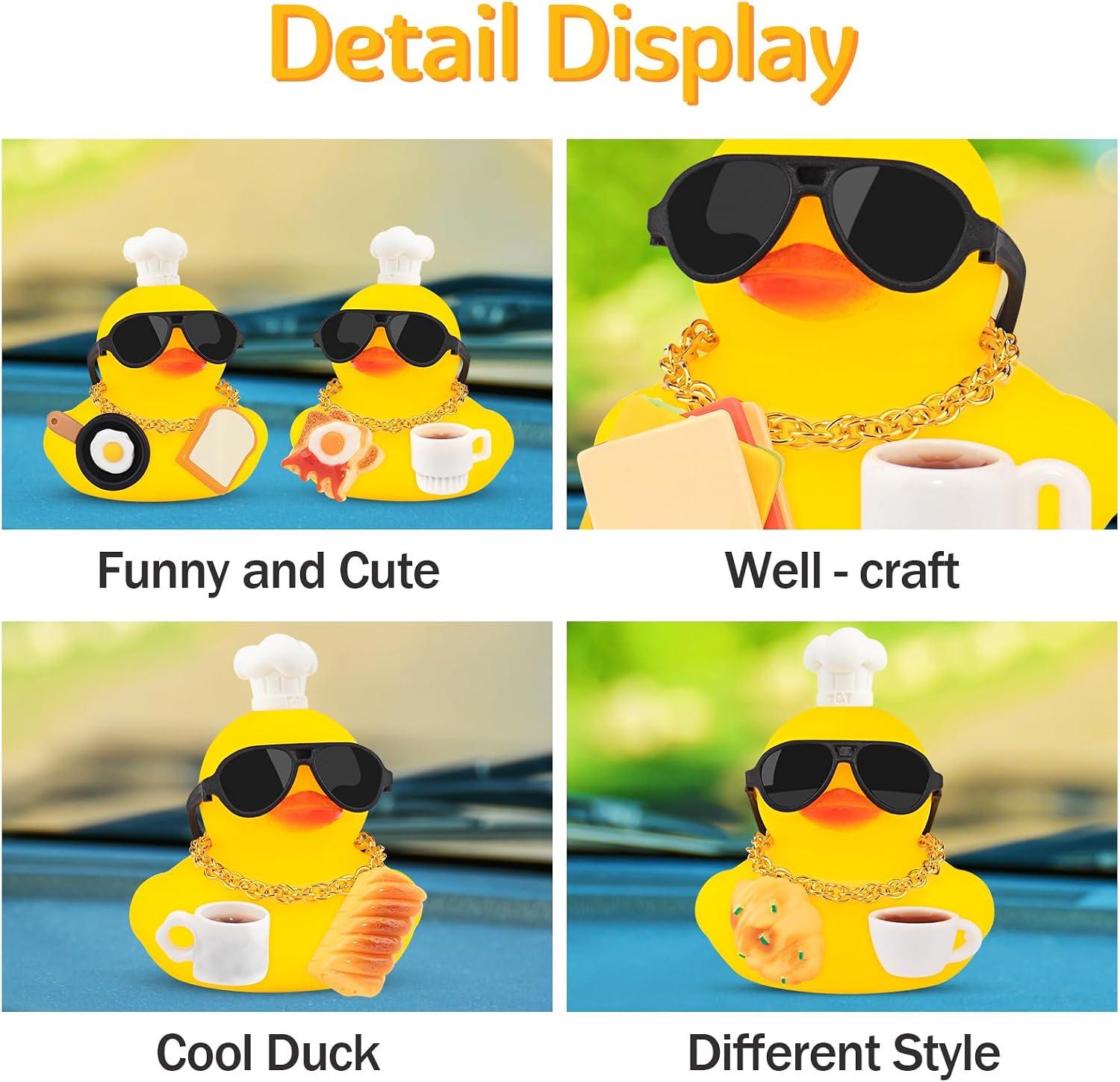 wonuu Breakfast Rubber Duck for Car Dashboard Dacorations, Coffee Break Ducky Car Accessories with Chef's Hat, Gold Chain, Sunglasses (Toast, Fried Egg)