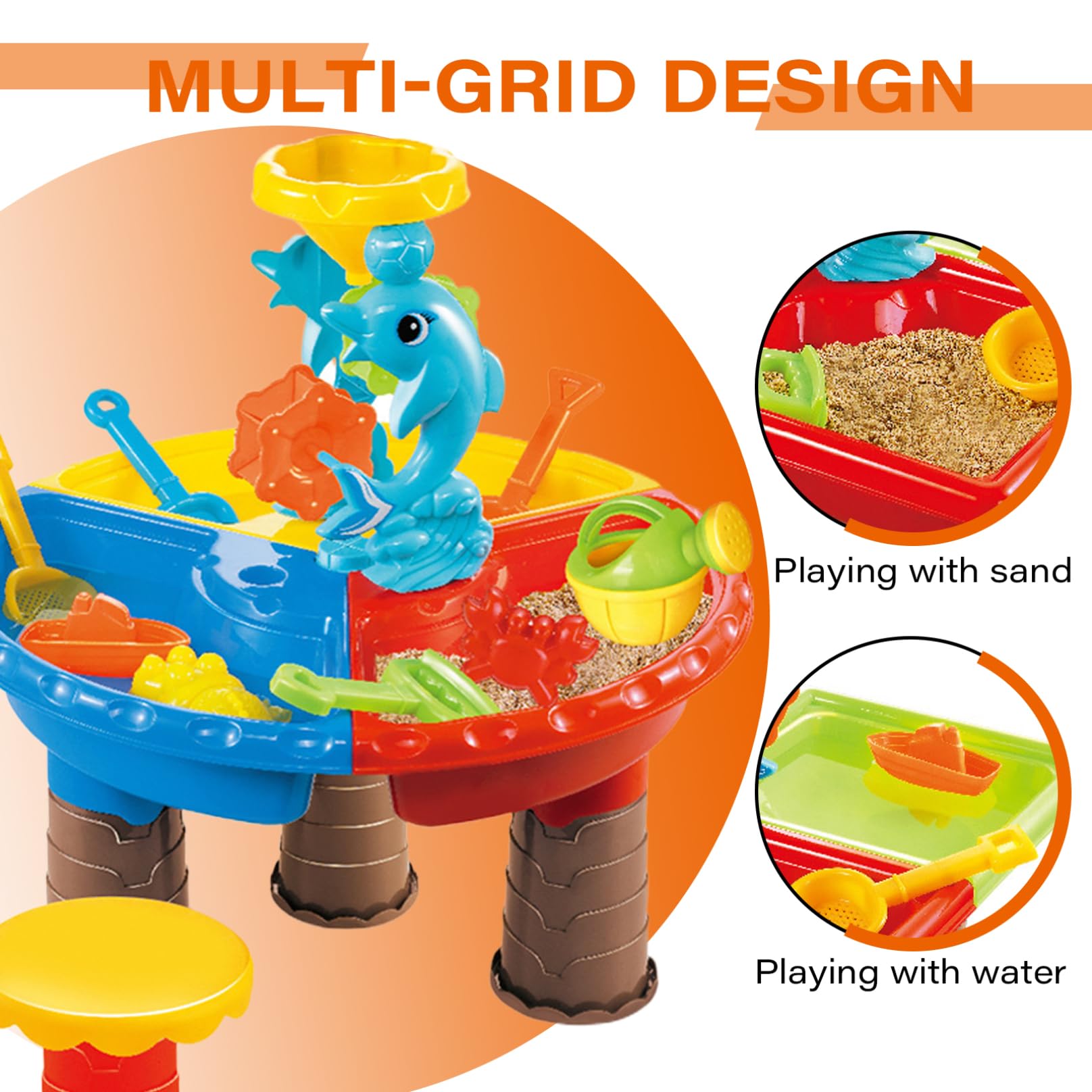 Mesa freática 1 Juego de Mesa de Arena Colorida con Lindo delfín ABS sensorial Interactivo Agua y Arena para el Desarrollo de Padres e Hijos para Playa Interior y Exterior, Redonda