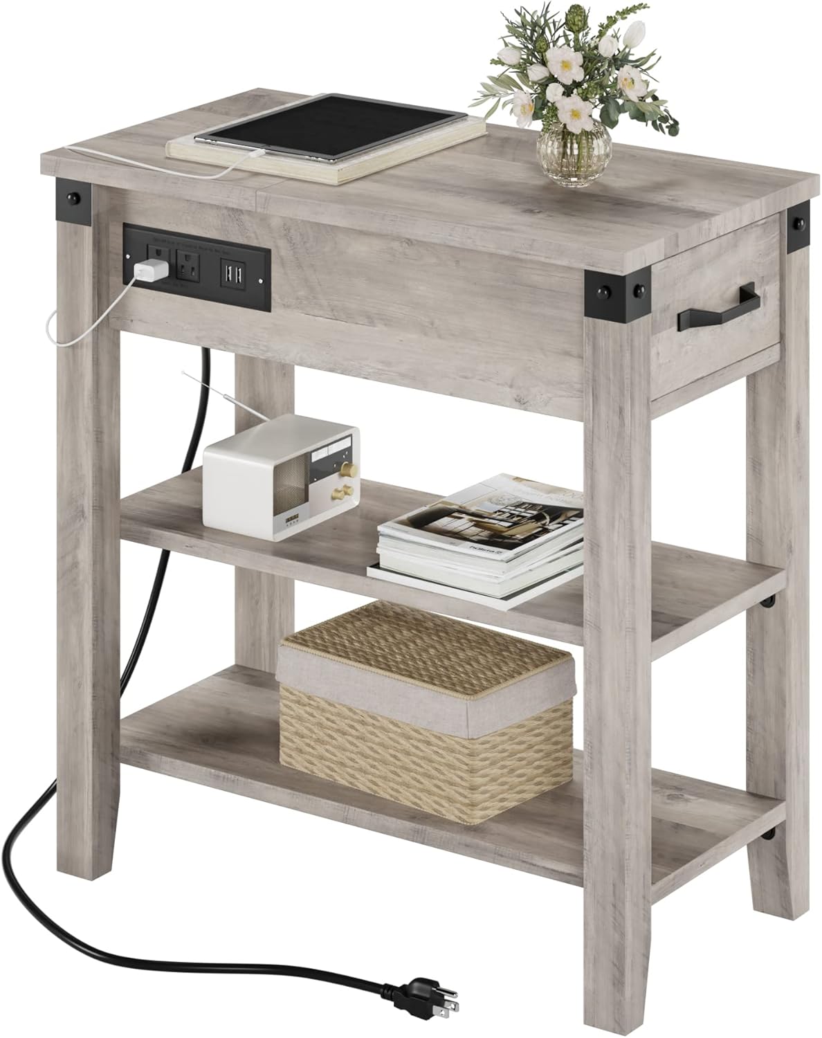 IDEALHOUSE End Table with USB Ports and Outlets, Flip Top Side Table Narrow Bedside Table with Drawer and Storage Shelves for Living Room (Oak)
