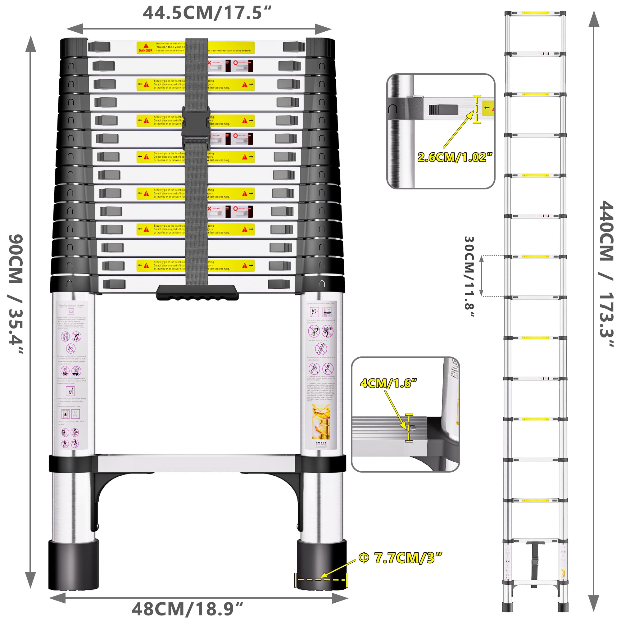 Scala Telescopica in Acciaio Inox, 4,4m Scala Estensibile Portatile con Piedini Antiscivolo, Scale Portatile Allungabile per Soffitta