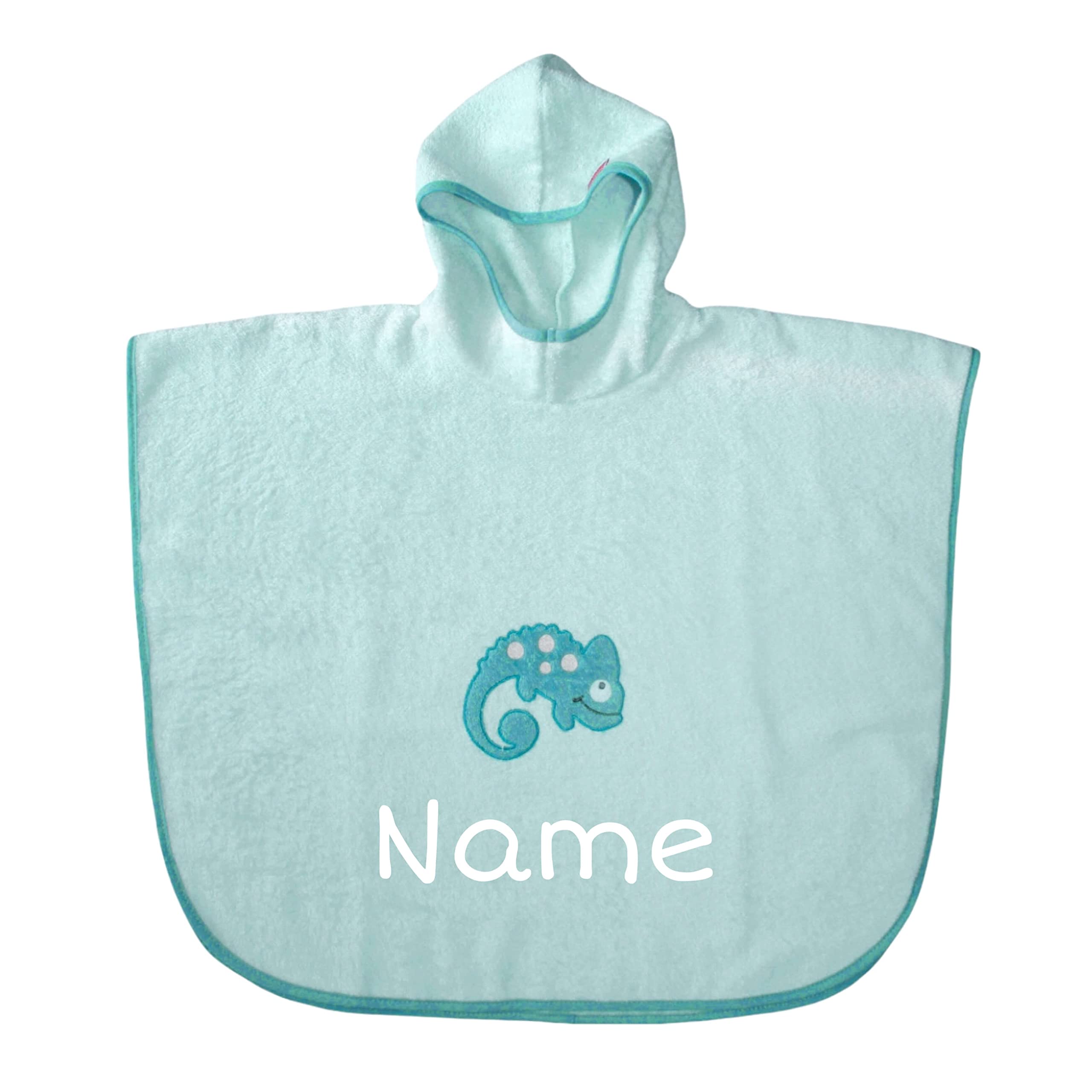 Set Badeponcho + Waschlappen personalisiert | 100% Baumwolle | personalisiert mit Namen | Kapuzenbadetuch Bademantel Kinder | Kinder Badetuch | bis 7 Jahre (Chamäleon Mint)