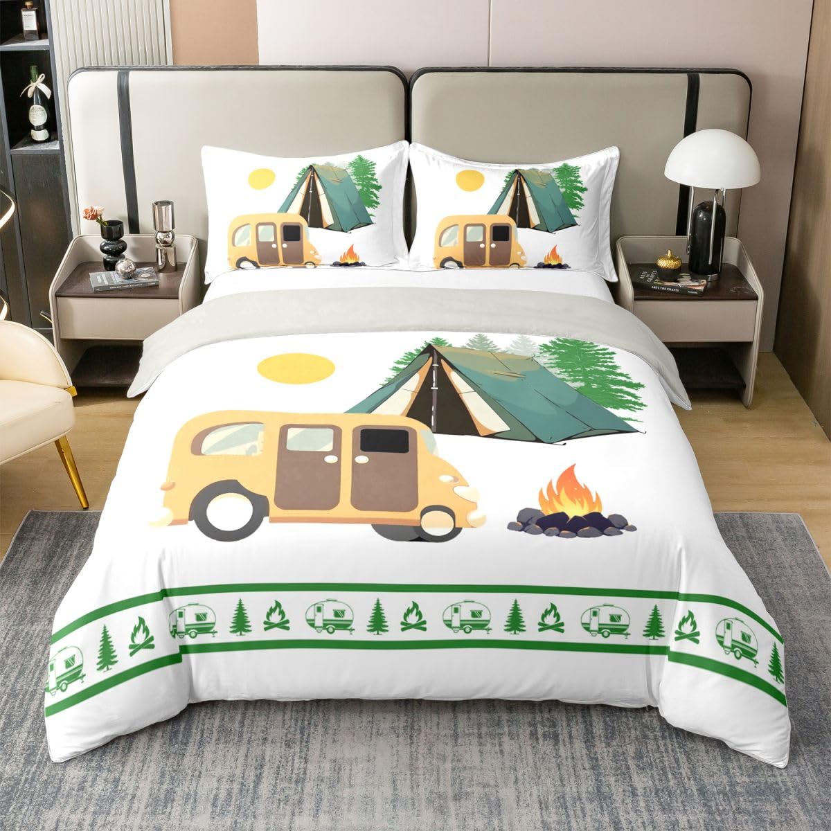 Homewish RV Happy Camping Pościel Pojedynczy Camper Decor Coton Poszewka Na Kołdrę Rustykalny Dom Wiejski Poszewka Na Kołdrę Sosna Ognisko Zestawy Łóżek Zielona Biała