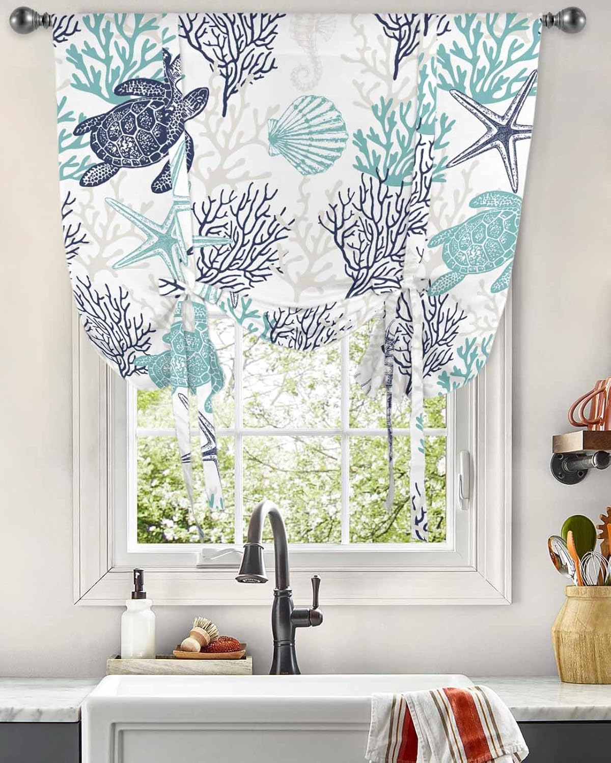 Turquoise Coral Tie Up Curtains for Window, Thermal Insulted Balloon Shade Adjustable Rod Pocket Curtains Valance Panels for Kitchen Bathroom Café 34 x 45 Shell Starfish Turtle Seahorse Ocean Sea