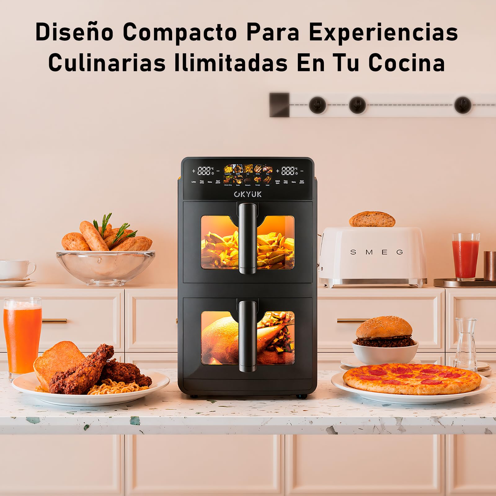 OKYUK Friggitrice ad Aria 10 Litri Double Stack XL, Friggitrice Aria 2 Scomparti, 10 Funzioni di cottura, Air Fryer calda a doppio strato con finestra,Design salva-spazio Nero
