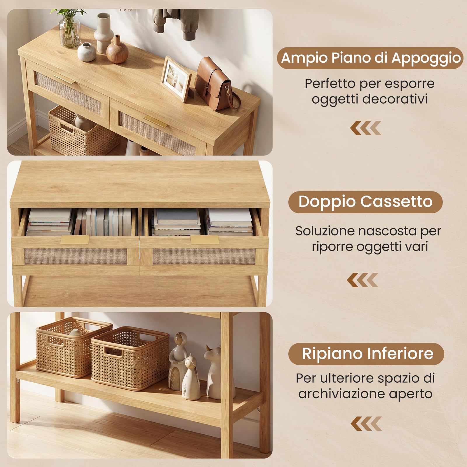 COSTWAY Tavolo Consolle, Tavolino da Divano in Legno con Doppio Cassetto, Ripiano Inferiore e Ampio Piano, Kit Antiribaltamento, Consolle per Ingresso, Corridoio e Soggiorno (Naturale)