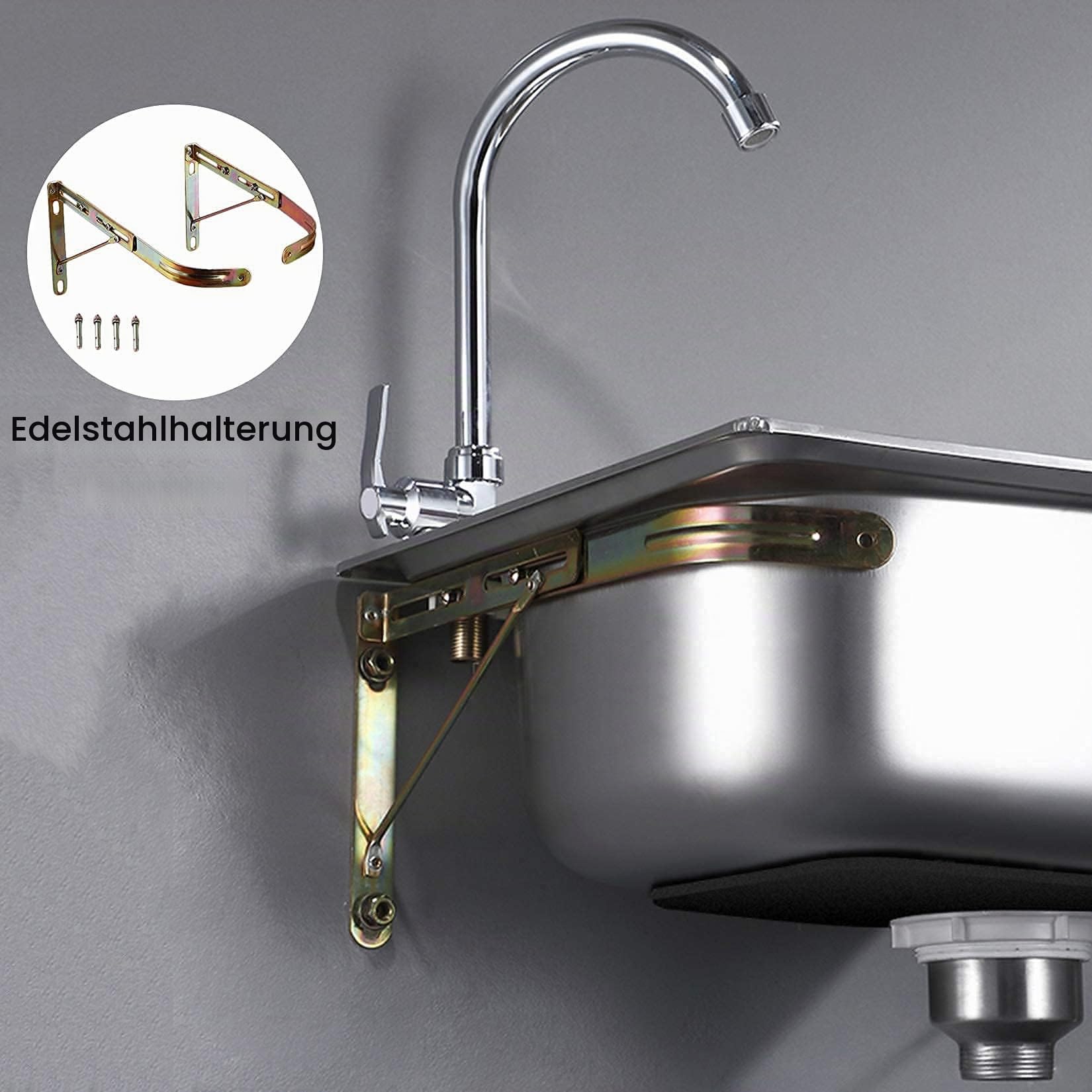 Edelstahl-Doppelwaschbecken, Handwaschbecken zur Wandmontage mit Schwanenhalshahn, für Küchenwäsche, Hinterhofgaragen