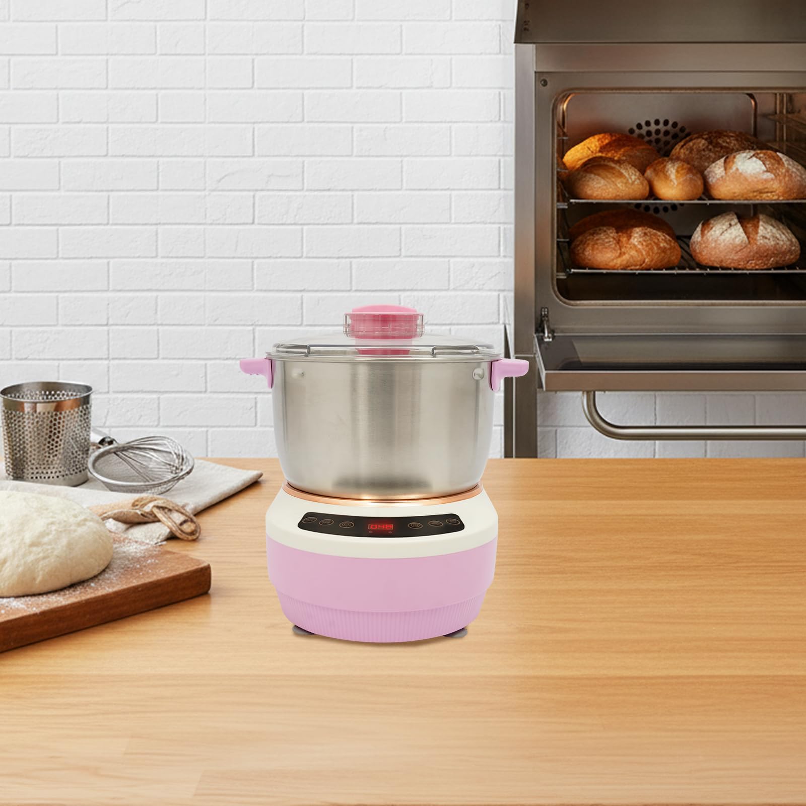 Acero Inoxidable Amasadora Eeléctrica avec Fonction Fermentation | 7 Litros Rosa Maquina de Masa, con Tapa Transparente, Diseño Silencioso, Preparación de Pan y Pasta