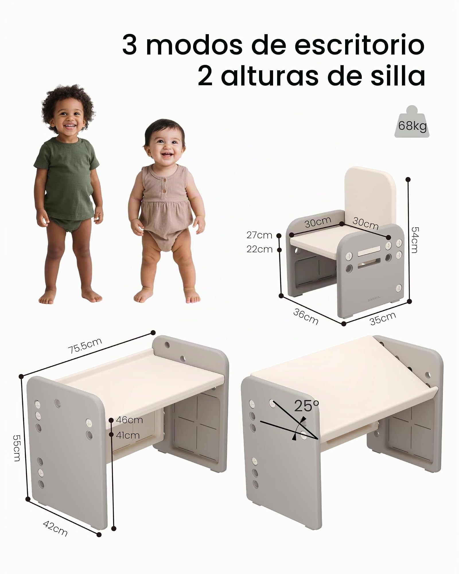 Mesa y Silla para Niños, Mesa de Actividades con Superficie Inclinada para Dibujar, Leer, Escribir y Jugar(Gris)