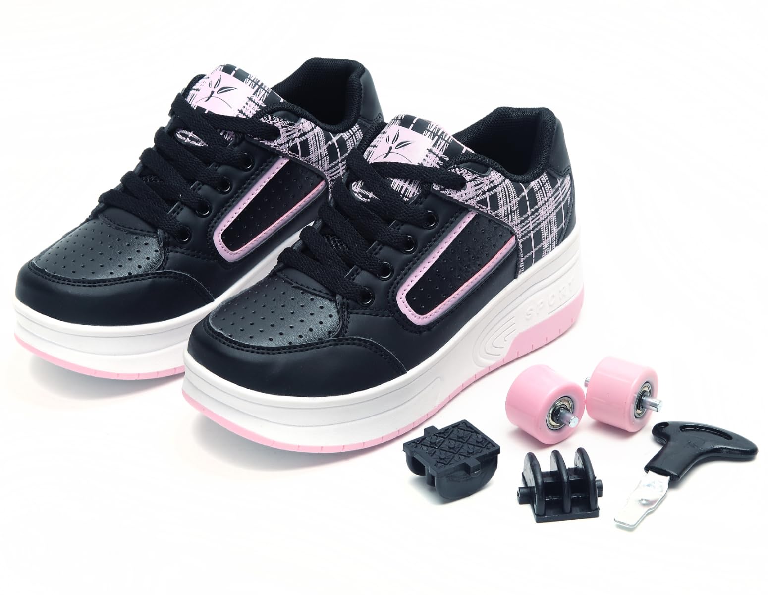 Ragazzi Ragazze Scarpe da Skateboard con 2 Ruote Automatiche, Pattini a rotelle per Bambini con Doppie Ruote, Scarpe da Fitness per Esterno Sneakers, Nero-Rosa, Nero-Bianco, 31-39 EU