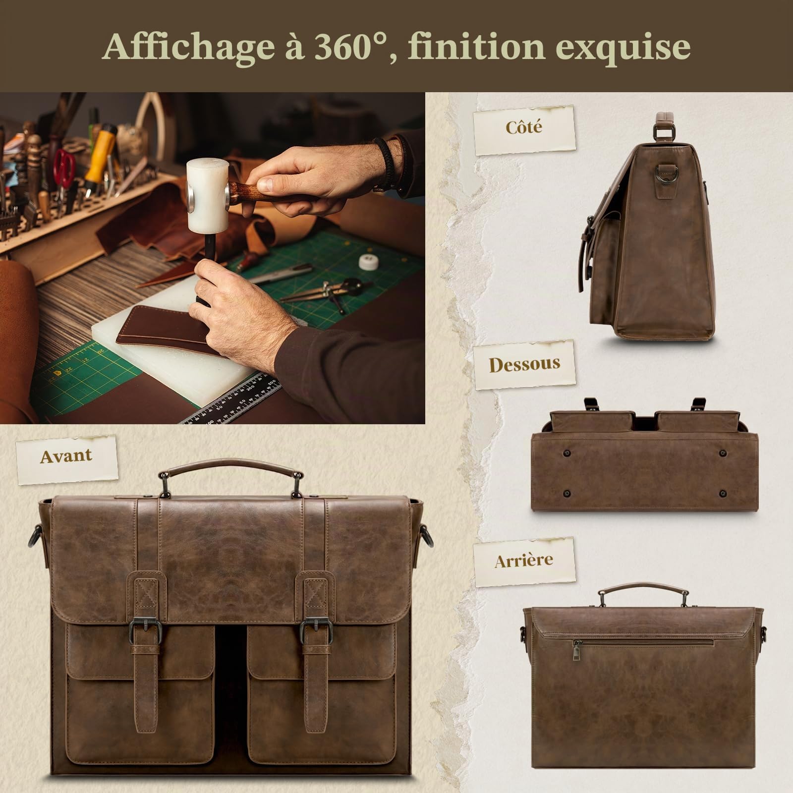 RAINSMORE Sacoche Ordinateur 15.6 Pouces PU Cuir Sac Ordinateur Homme Porte Document Sac Bandoulière Imperméable pour Travail Affaires BrunFoncé