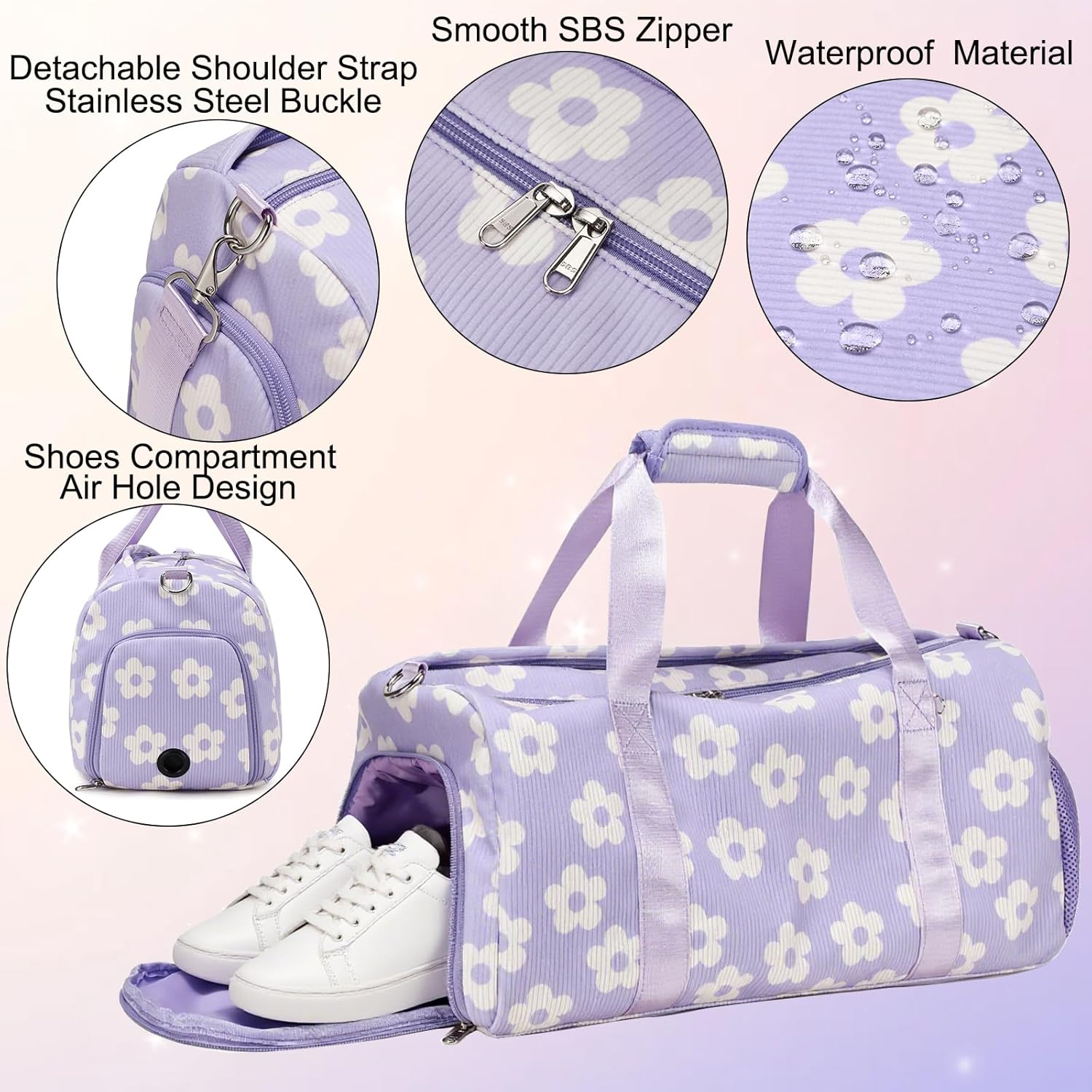 Duffle Dag Dance Dag Teen Girl Gym Bag Ballet Bag Sports Duffle Dag Corduroy Overnight Bag with Shoe Compartment and Dry Wet Pocket,Cute Birthday Gifts(Purple)
