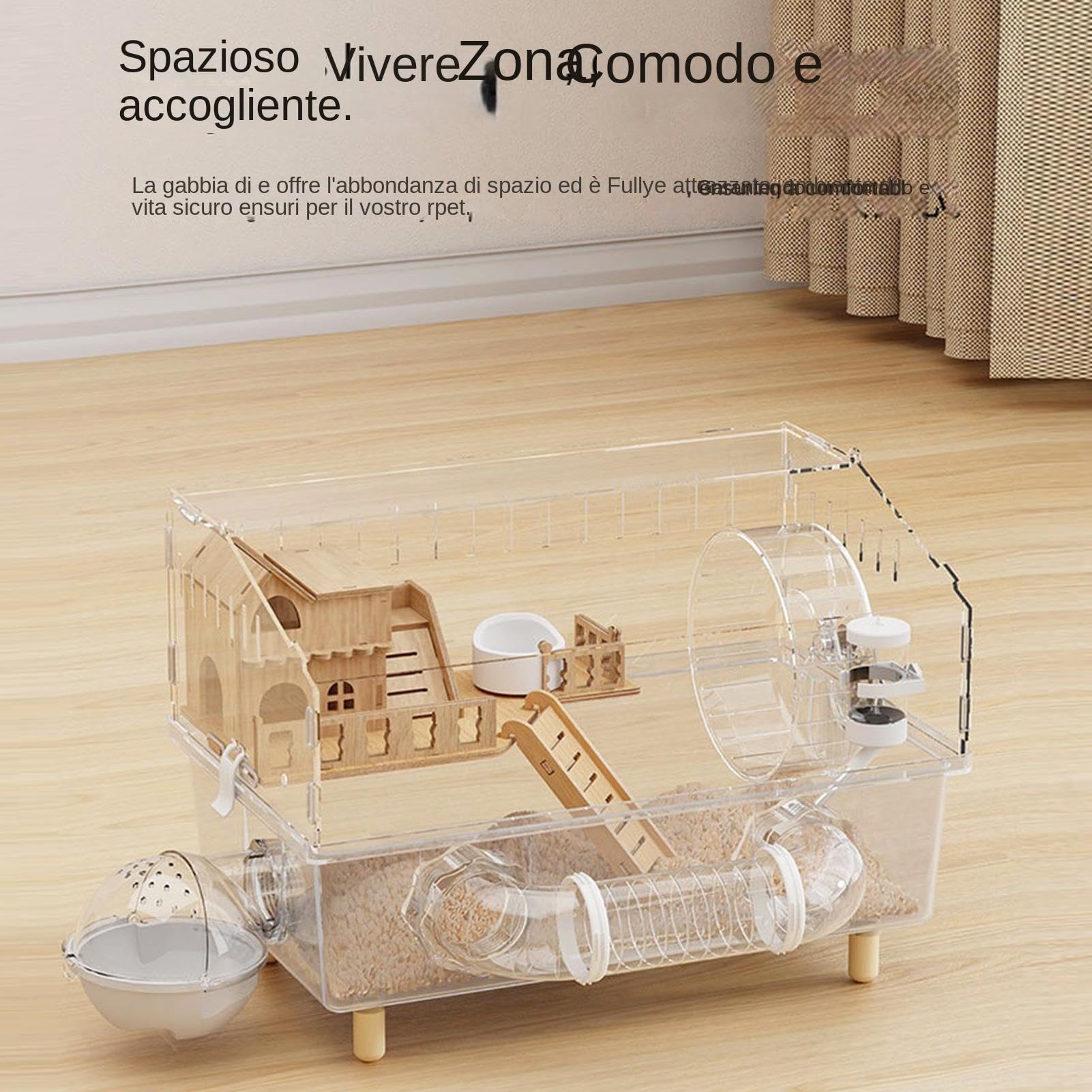 Casa para Hámster Hábitat Transparente de 2 Niveles con Rueda de Ejercicio, | Para Chinchilla Animales Pequeños Descanso, Juego y Sueño
