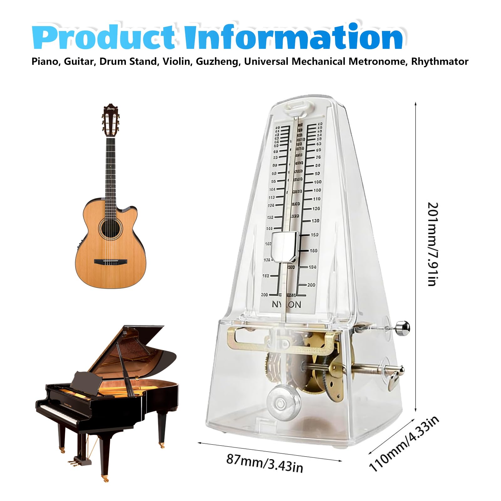 Metronomo meccanico, Metronomo ad alta precisione, Metronomo trasparente per pianoforte, chitarra, violino, guzheng, batteria, suono forte per principianti, professionisti