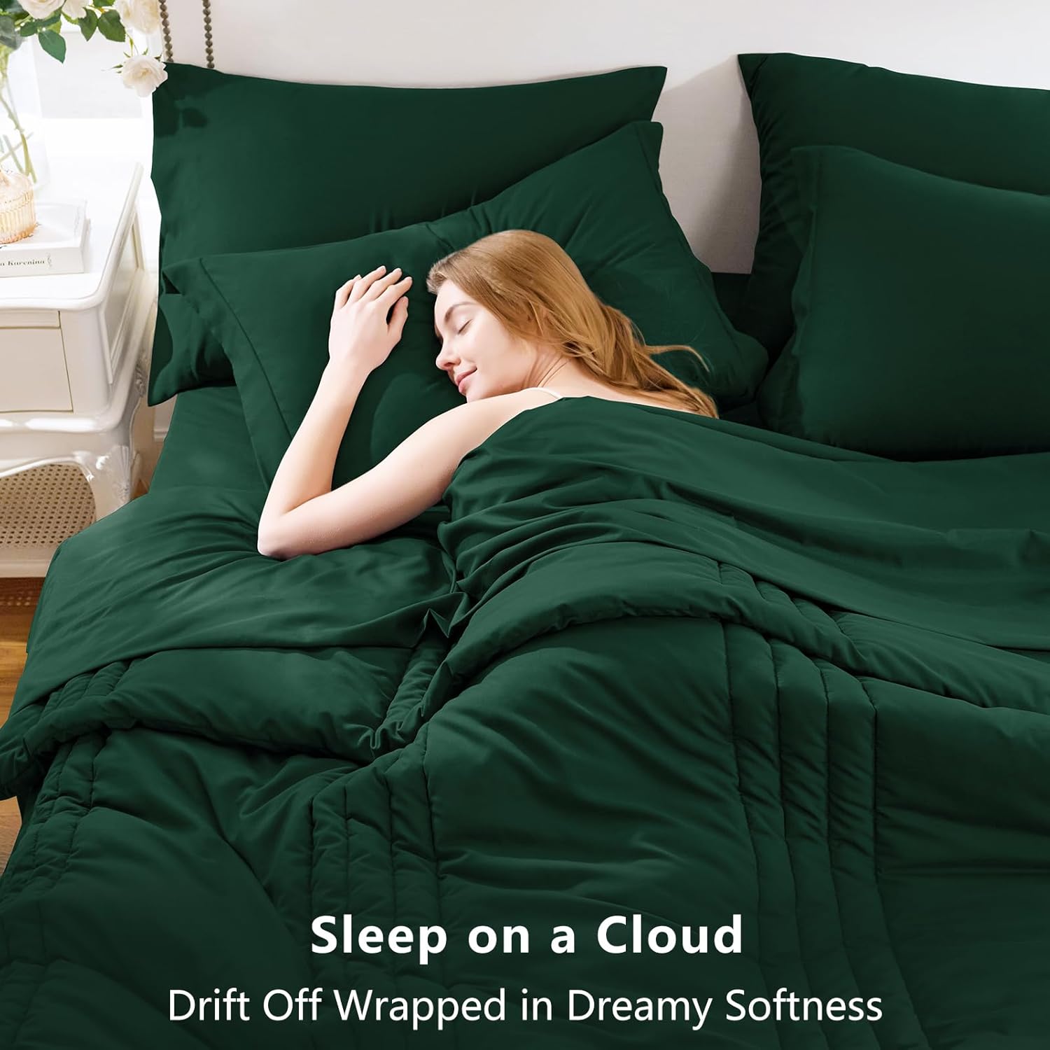 CozyLux Queen Size Comforter Sets - 7 Piece Bed in a Bag Emerald Green Comforter Set with Sheets Queen Bed Set All Seasons, Bedding Set with Down Alternative Comforter, Sheets, Pillowcases & Shams - Image 3