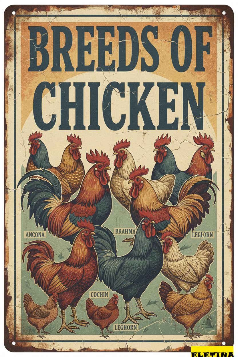 Breeds of Chicken Farm Tin Sign, 8x12 Inch Wall Decor
