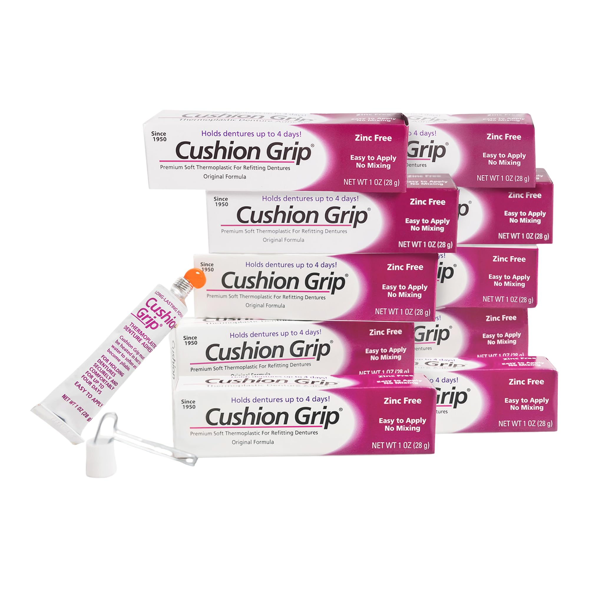 Cushion Grip Lot de 10 adhésifs thermoplastiques pour prothèses dentaires supérieures et inférieures 28,3 g – Adhésif sans colle, agit comme un replineur souple