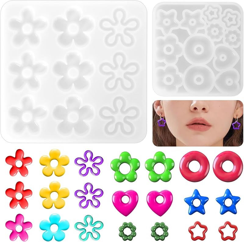 2PCS Moules à Fleurs pour Fabrication de Boucles d'Oreilles,Moule Silicone Resine Epoxy,mini moules en silicone avec fleurs creuses en époxy pour colliers,Porte-clés (Formes Fleur,Cœur,Étoile,Cercle)