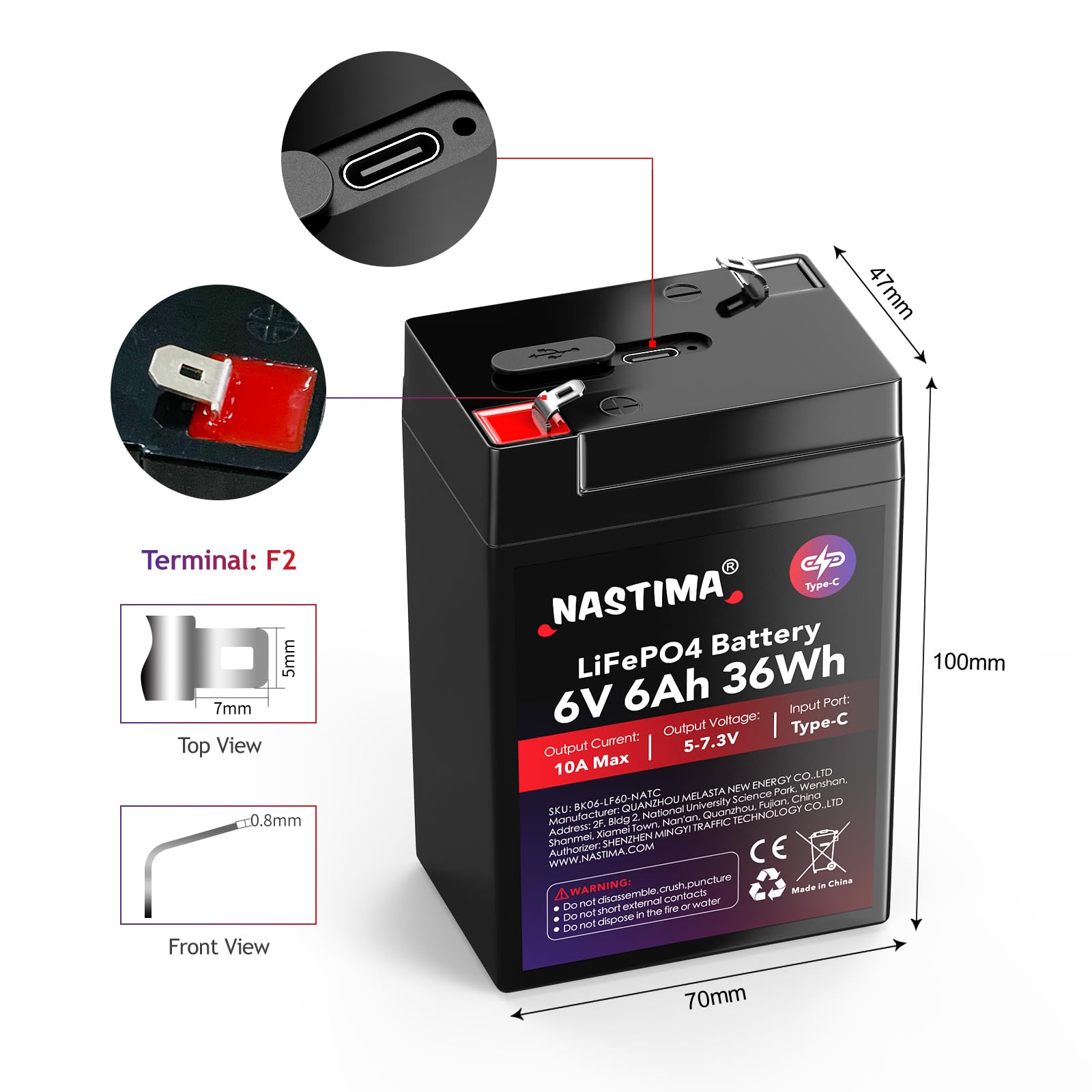 NASTIMA Batterie Rechargeable 6V 6Ah LiFePO4 avec Protection BMS et Cycle Profond 2000, Chargement Type-C, adaptée aux Kits de Éclairage Électrique de Secours, Voitures Jouets pour Enfants, Camping