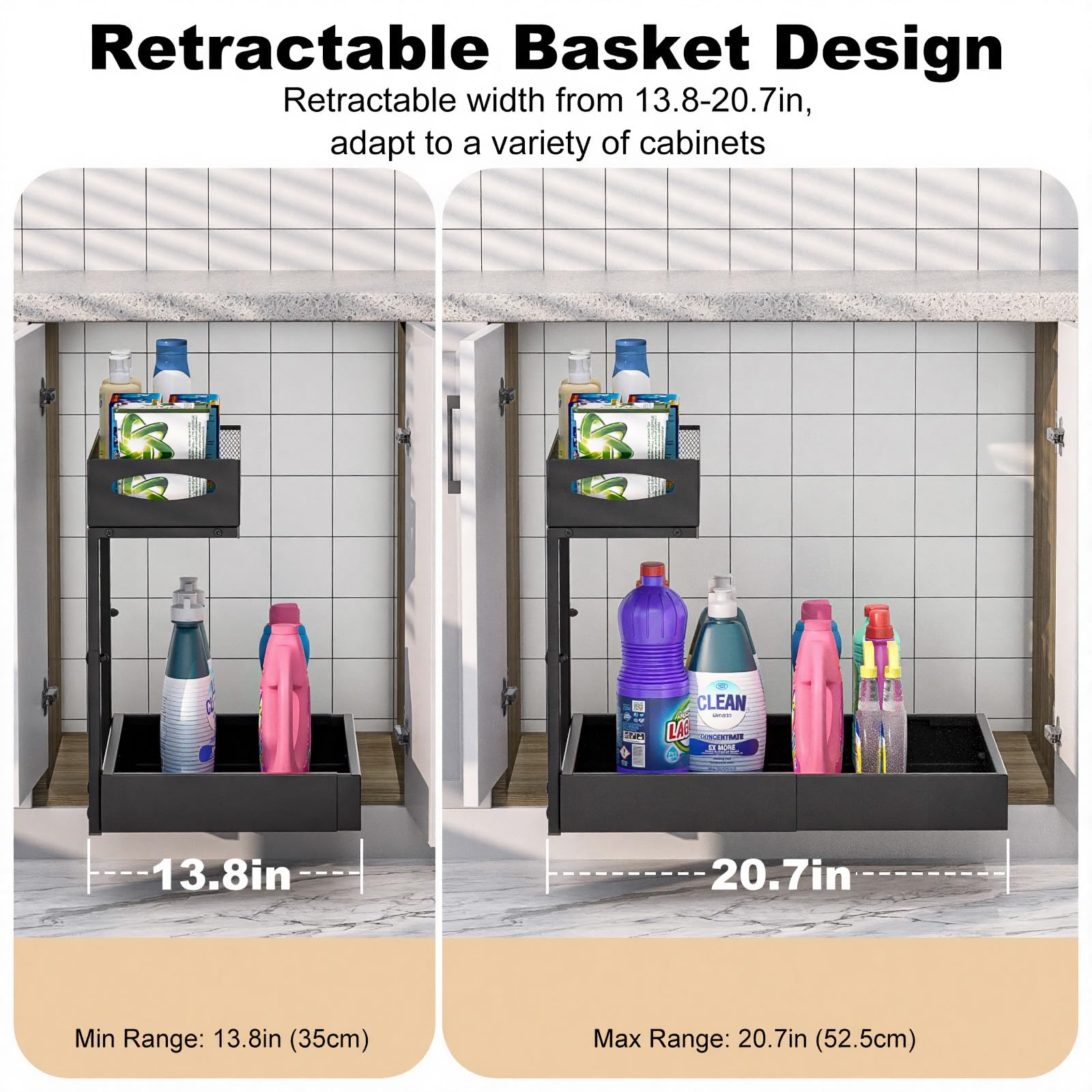 Housolution Rangement sous Évier en Métal, Largeur Extensible de 35 à 52 cm, Hauteur Réglable de 34 à 45 cm, Organisateur Étagère sous Évier Coulissant pour Placard de Cuisine, Un Côté