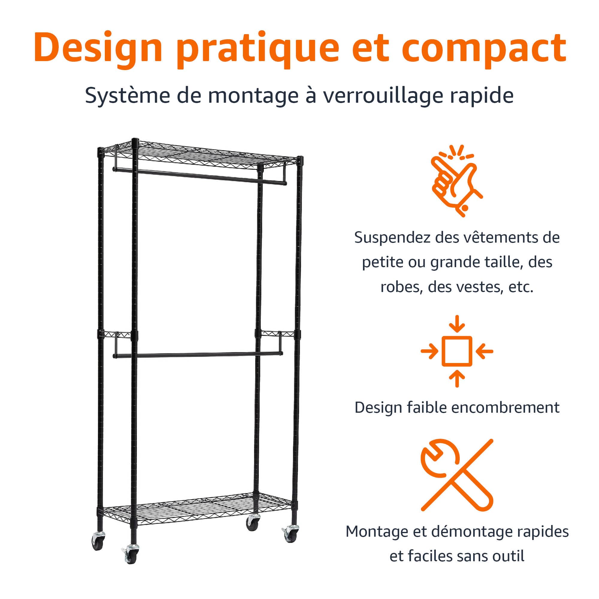 Amazon Basics Portant à double tringle avec roulettes Noir, L 91 cm x l 35,5 cm x H 183 cm