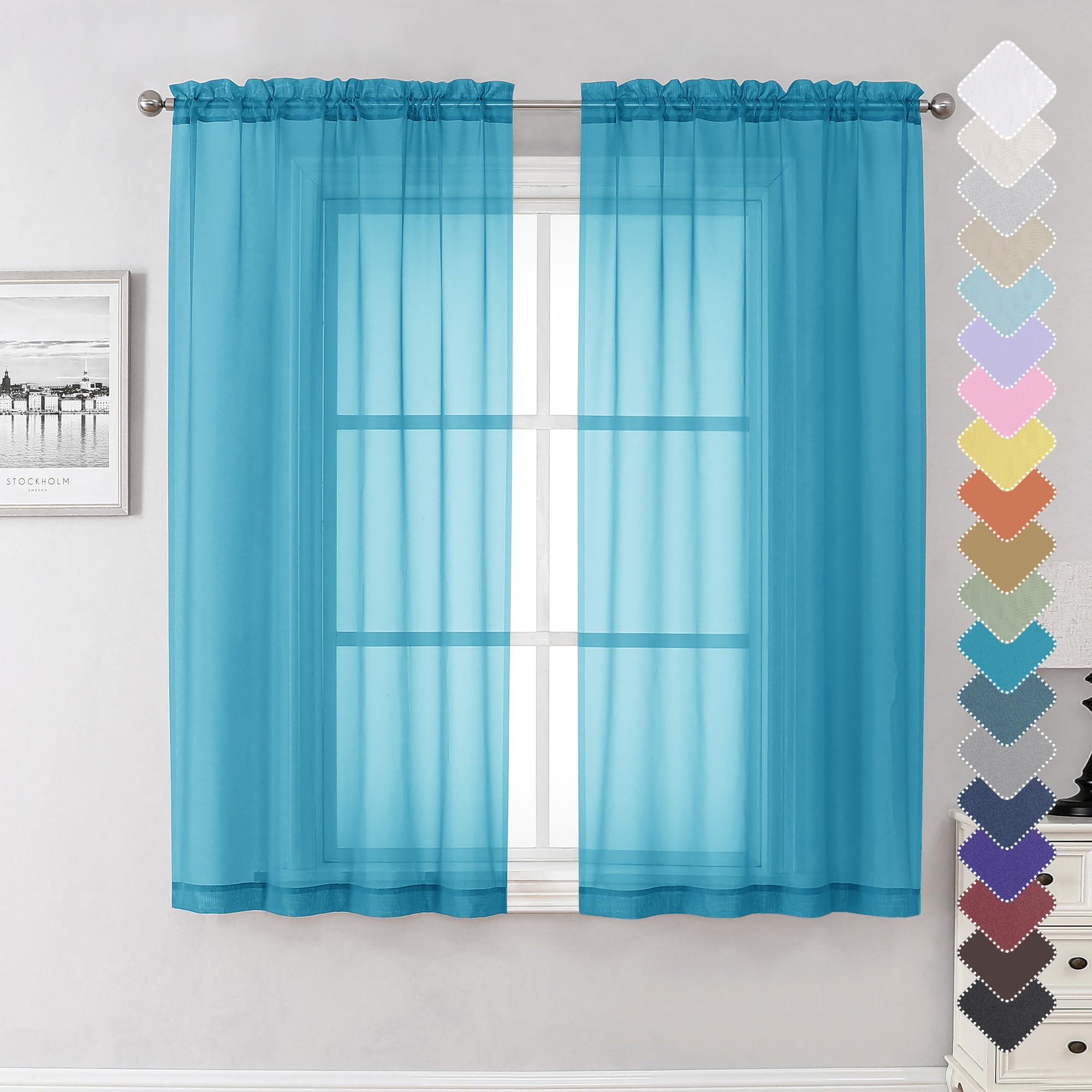 Lecloud Turquoise Sheer Curtains 63 Inch Length 2 Panels, Light Filtering Voile Airy Drapes for Bedroom Windows, Dual Rod Pocket Living Room Sheer