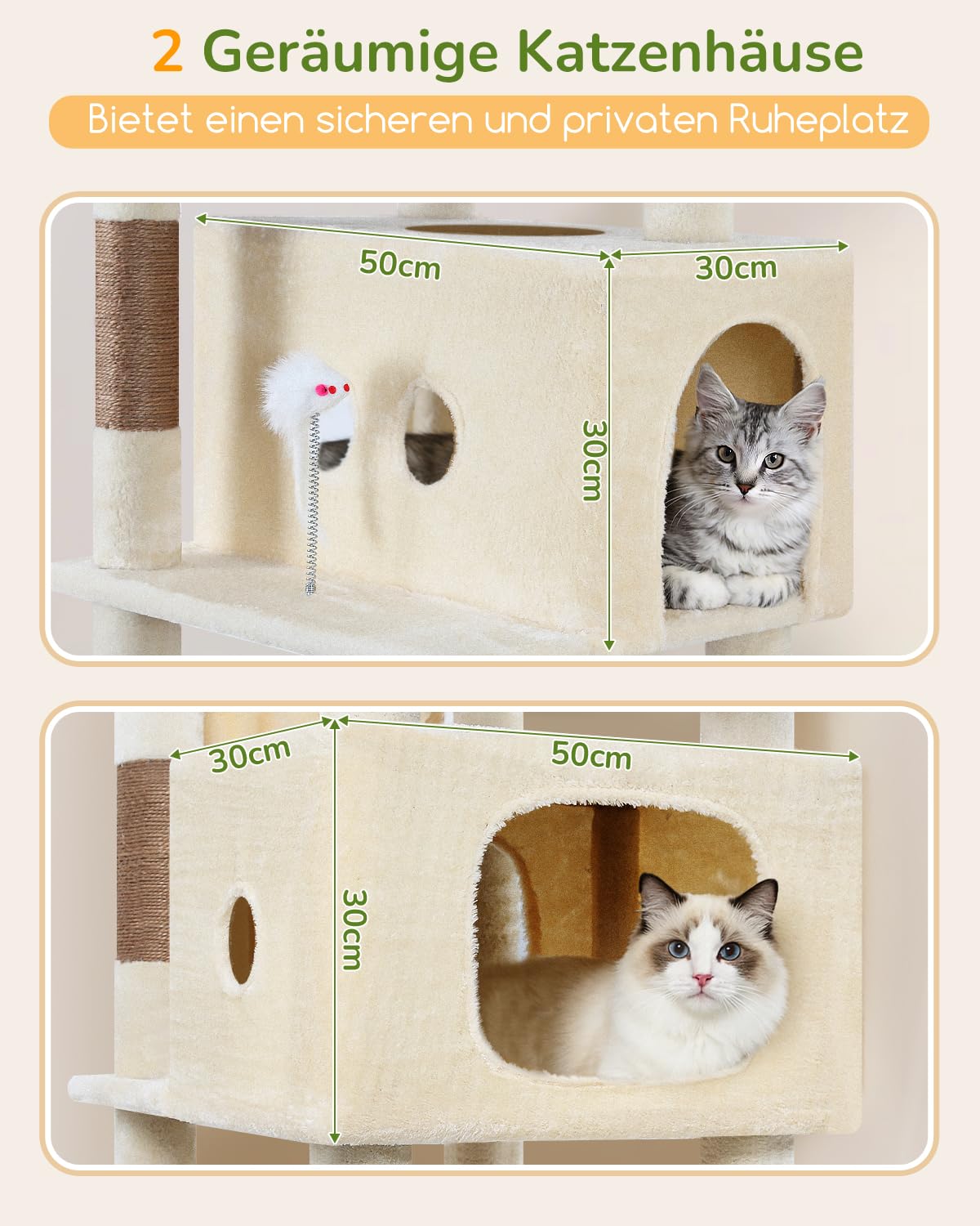 Globlazer S80B Kratzbaum Beige XXL 204 cm für 3-5 Große Katzen Katzenbaum | Mehrstöckiger, 2 Große Katzenhaus, 2 Plattform, Hängematte, Korb, für Schwere Katzen Innen, Einfach Montieren, Robust Sicher