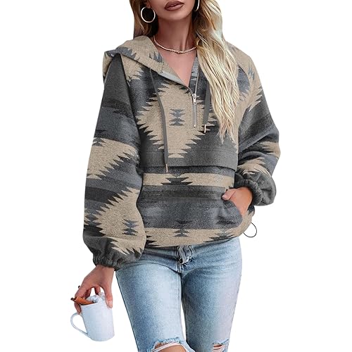 Fessceruna Womens Aztec Half Zip Up Hoodies Sweatshirt Casual Long Sleeve Oversized Ethnic Tribal Hooded Pullover Shirt Top