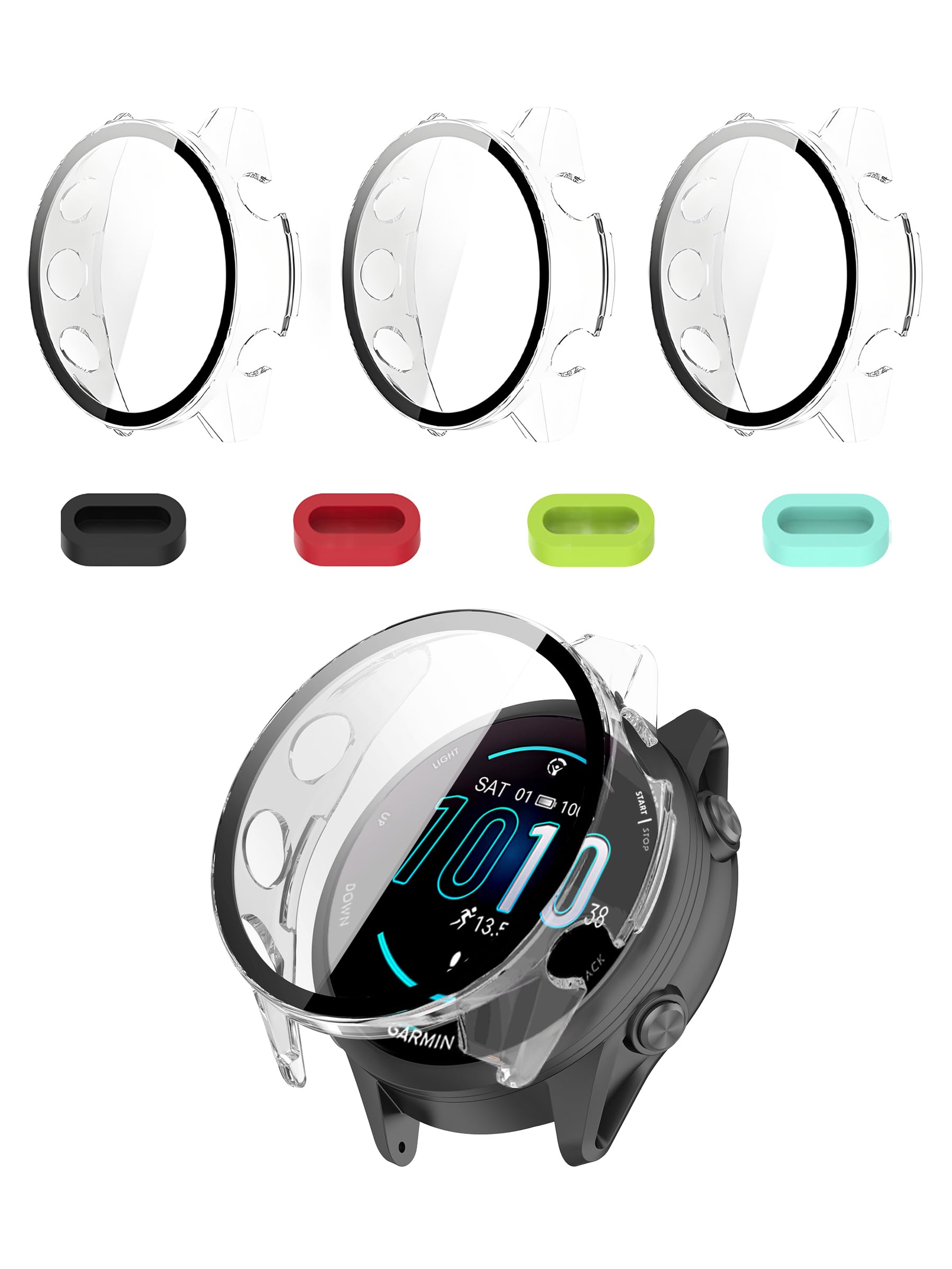 Tempered Glass for Garmin Forerunner 570 42 mm Protective Film Case - [Transparent] [3Pcs] + Silicone Dust Plugs [4Pcs],9H,Accessories for Face Covers, PC Bumper
