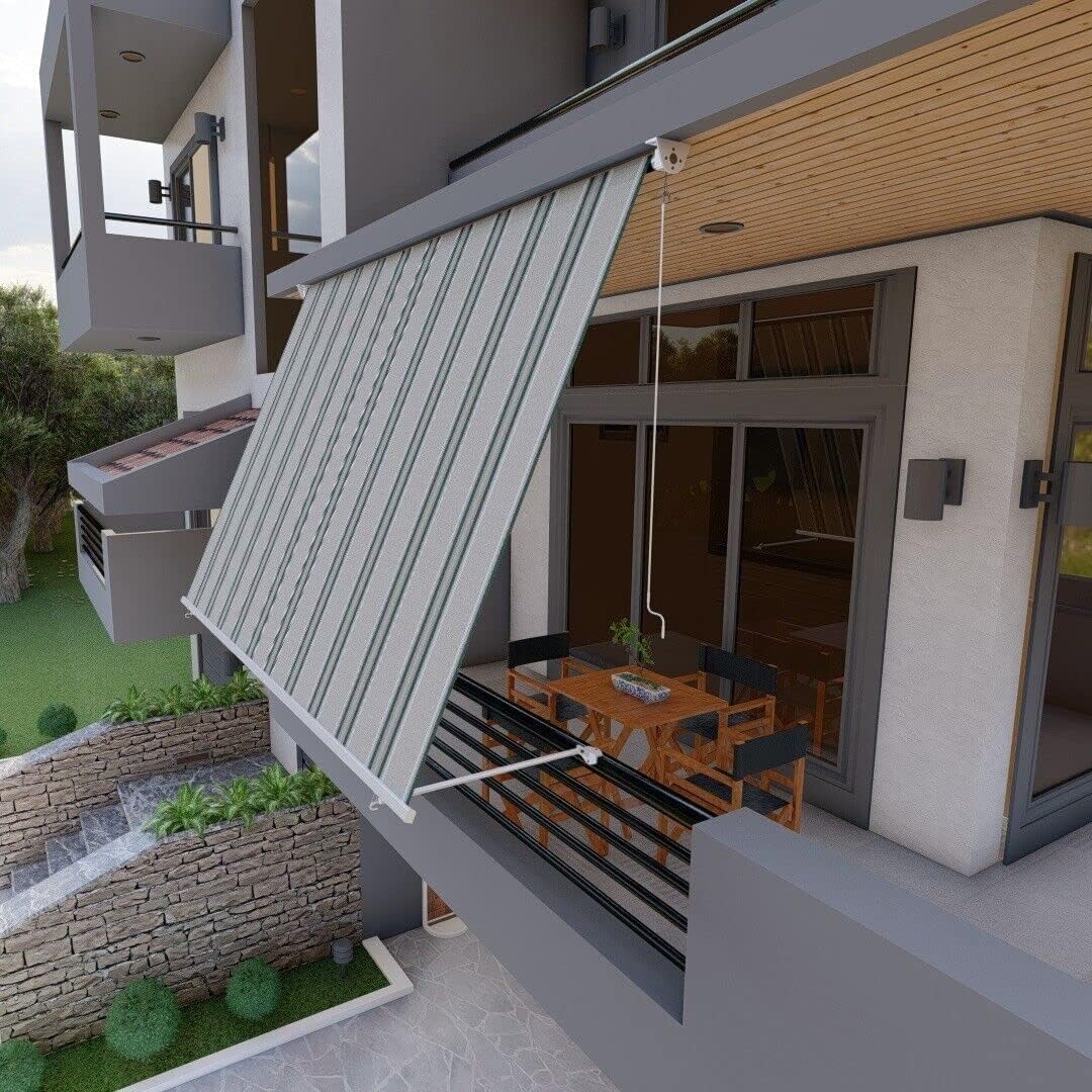 Tenda da sole a caduta 300x250 cm Verde/Bianco, con braccetti e mantovana per balcone esterno, tessuto impermeabile 280gr/mq