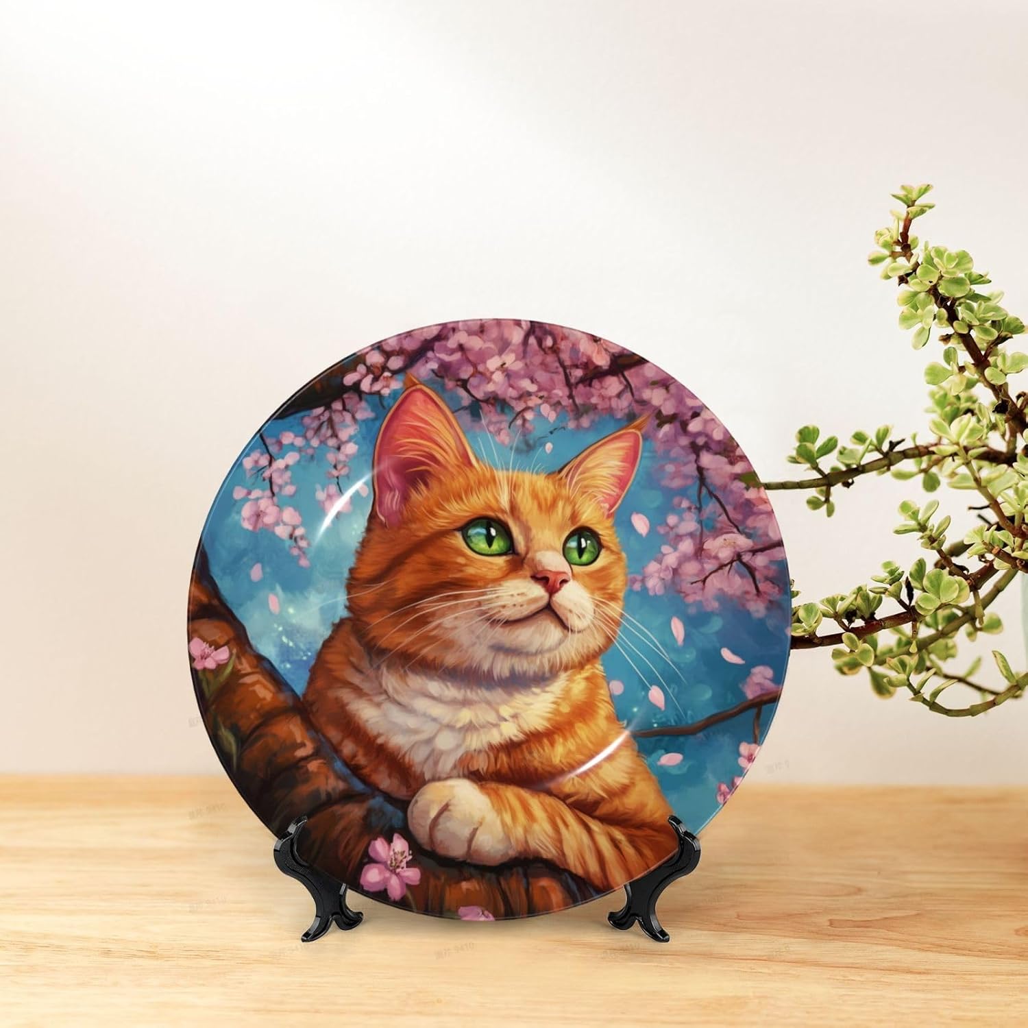 orange cat flower print Decorative Bone China Plate with Display Stand, Available in Sizes 6 to 10 Inches, Premium Ceramic Ornament for Home, Office, Kitchen Table, Wall Decor, 10in