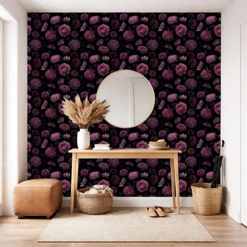 Dark Floral Peony Wallpaper Peel and Stick Removable Renter-Friendly Gothic Vintage Thick Vinyl Wall Covering Waterproof 17.7in × 354in