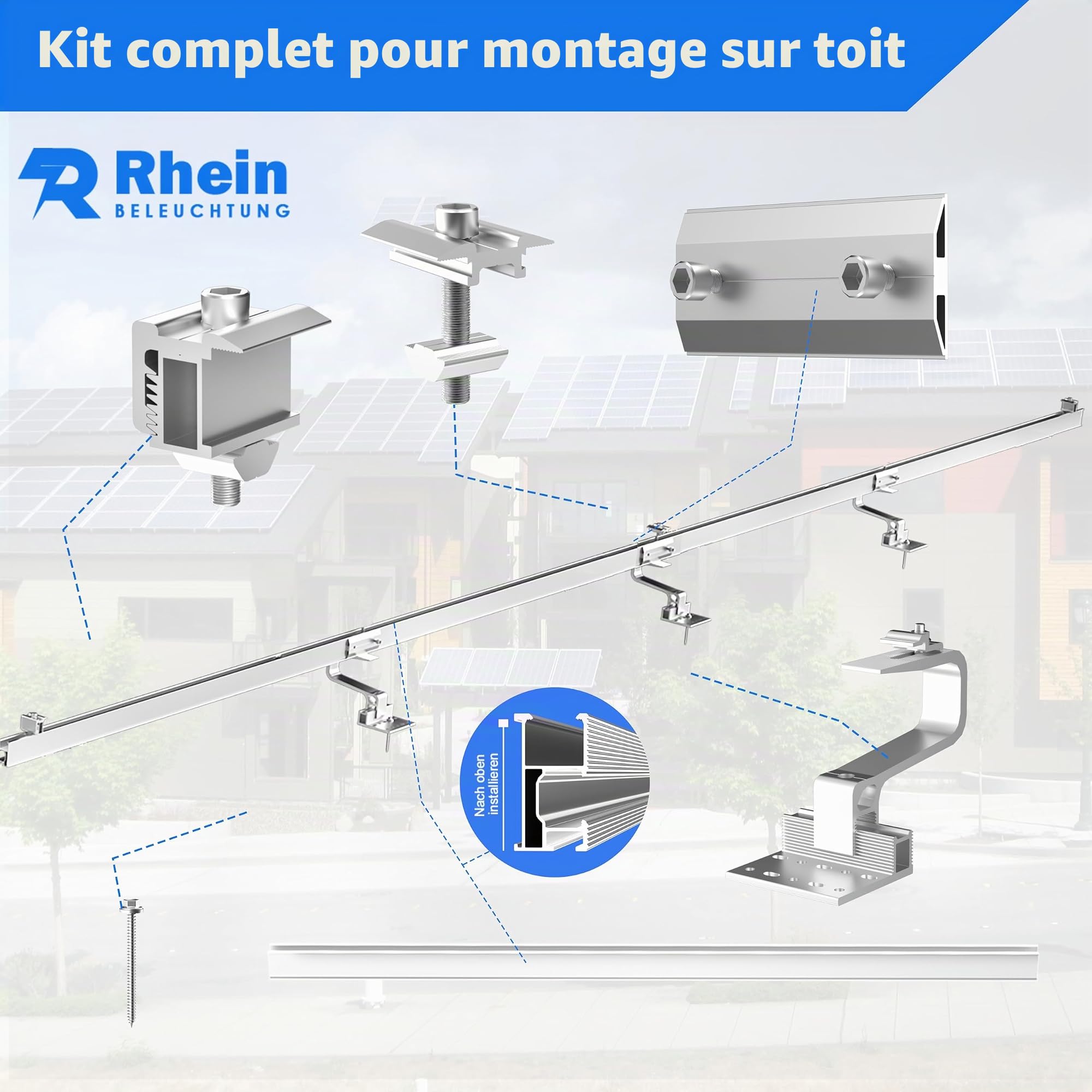 Lot de 2 supports de toit pour panneaux solaires, support solaire pour toit en tuiles, crochets de toit – Avec profil solaire en aluminium, kit de montage réglable, jusqu'à 120 cm de largeur par