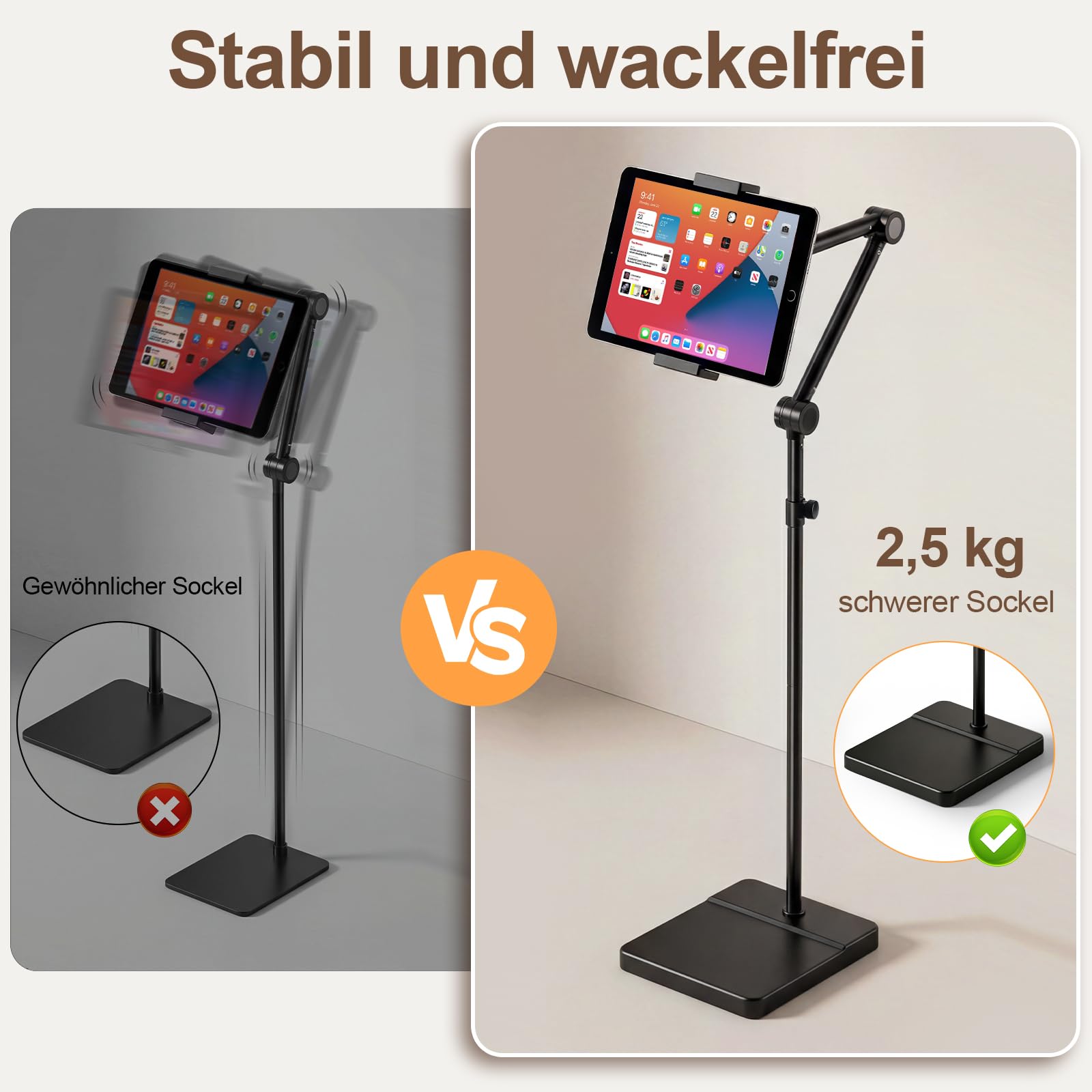 Tablet Bodenständer 360° drehbar, stabil, für Bett & Sofa, 4,9-9,8 Zoll | 2,5 kg Standfuß, höhenverstellbar, kratzfest, für Tablets, Smartphones, Kindle, 4,9-9,8 Zoll (schwarz)