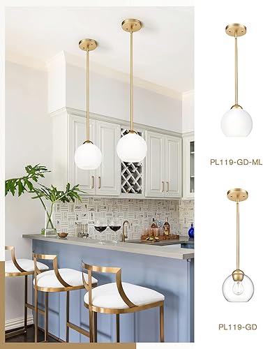 Miniatura 4 de Emak PL119-GD-ML-2PK - Lámpara colgante de globo de 7 pulgadas con pantalla de vidrio de leche, 1 luz colgante para isla de cocina, baño, comedor,