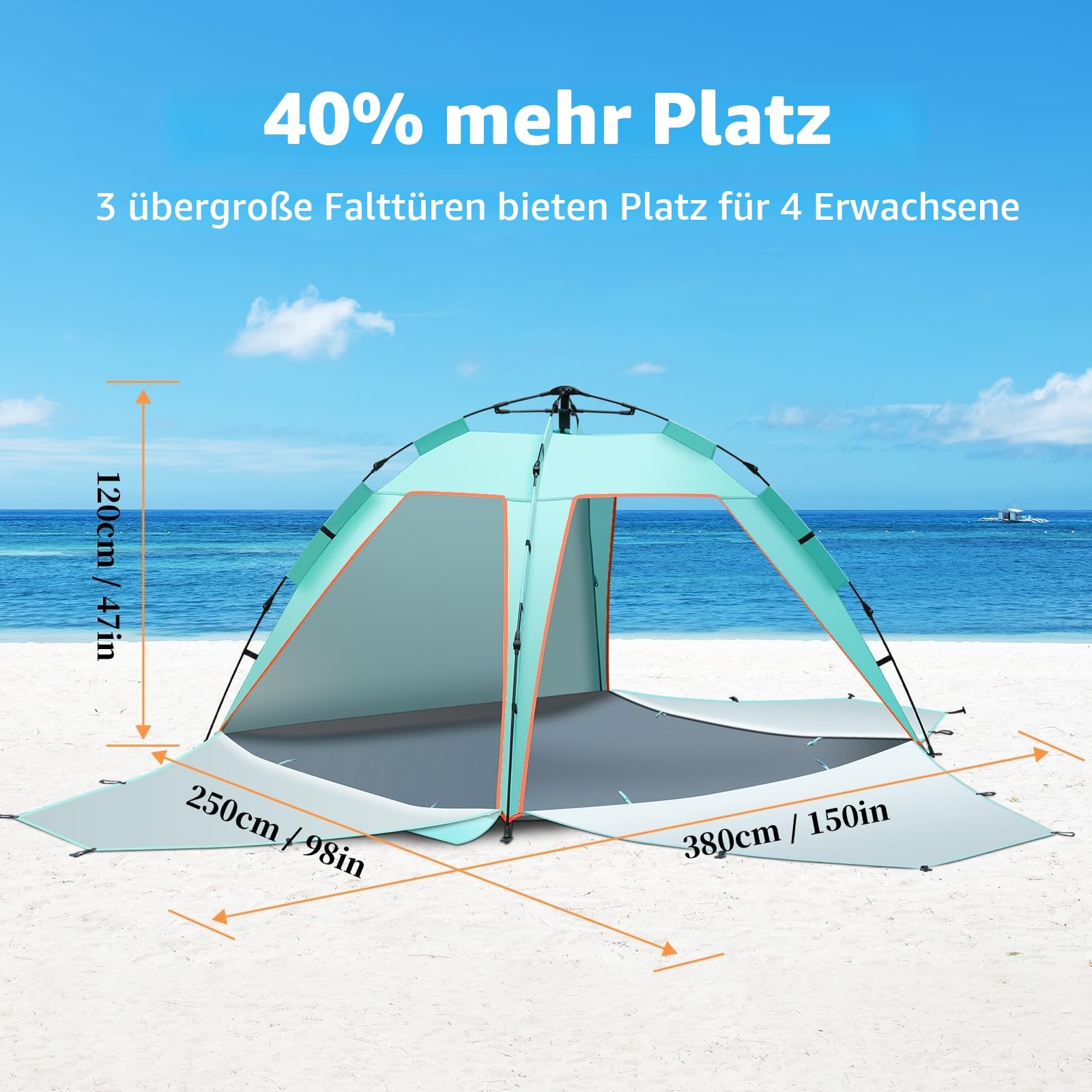 3-4 Person Instant Strand Zelt Pop Up Automatisches Strandzelt, Extra großes Tragbar Strandmuschel mit 3 erweiterbare Türen, UPF 50+ Easy Setup Sonnenschutz für Picknick, Strand,Familien