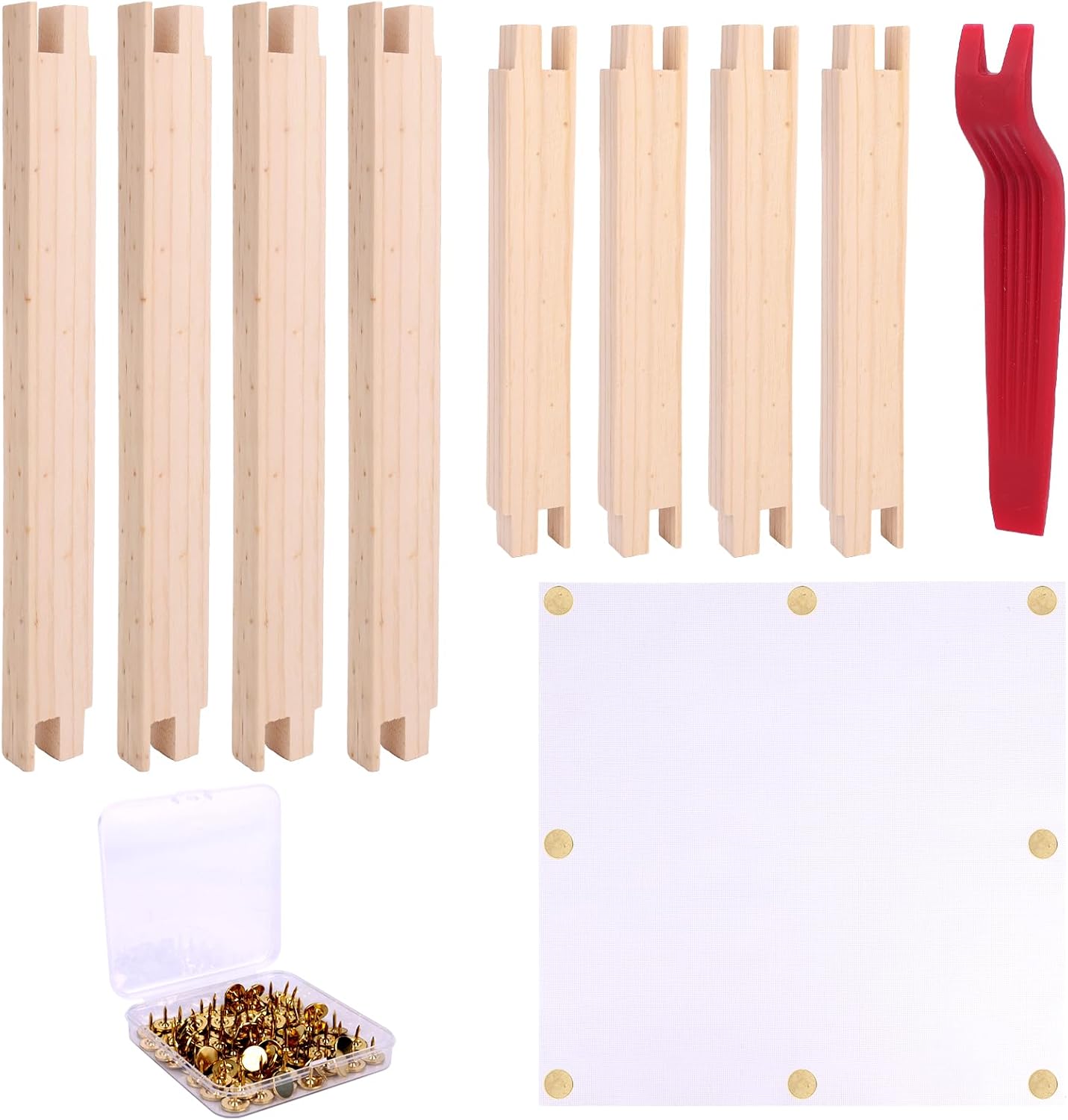 50pcs Needlepoint Stretcher Bars Kit, Includes 2 Sizes Wooden Frames 40 Thumb Tacks 1 Tack Remover & 1 White Canvas for Cross Stitch Hand Embroidery Needlework Craft Accessories Supplies
